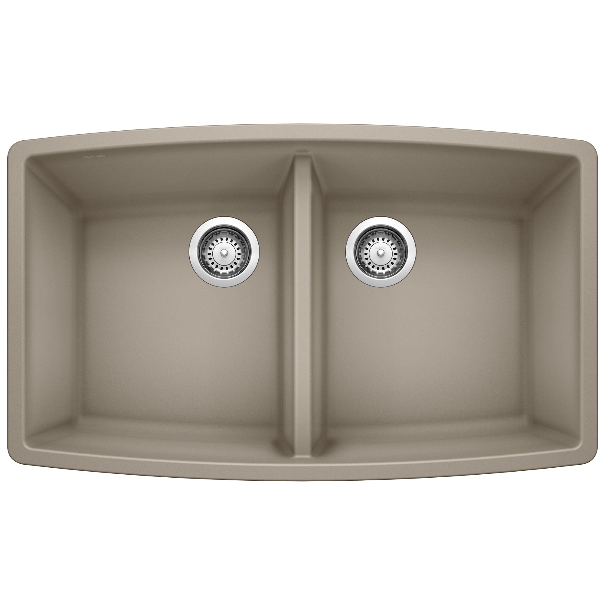 Truffle-colored double bowl undermount sink with rounded corners and chrome drain strainers.