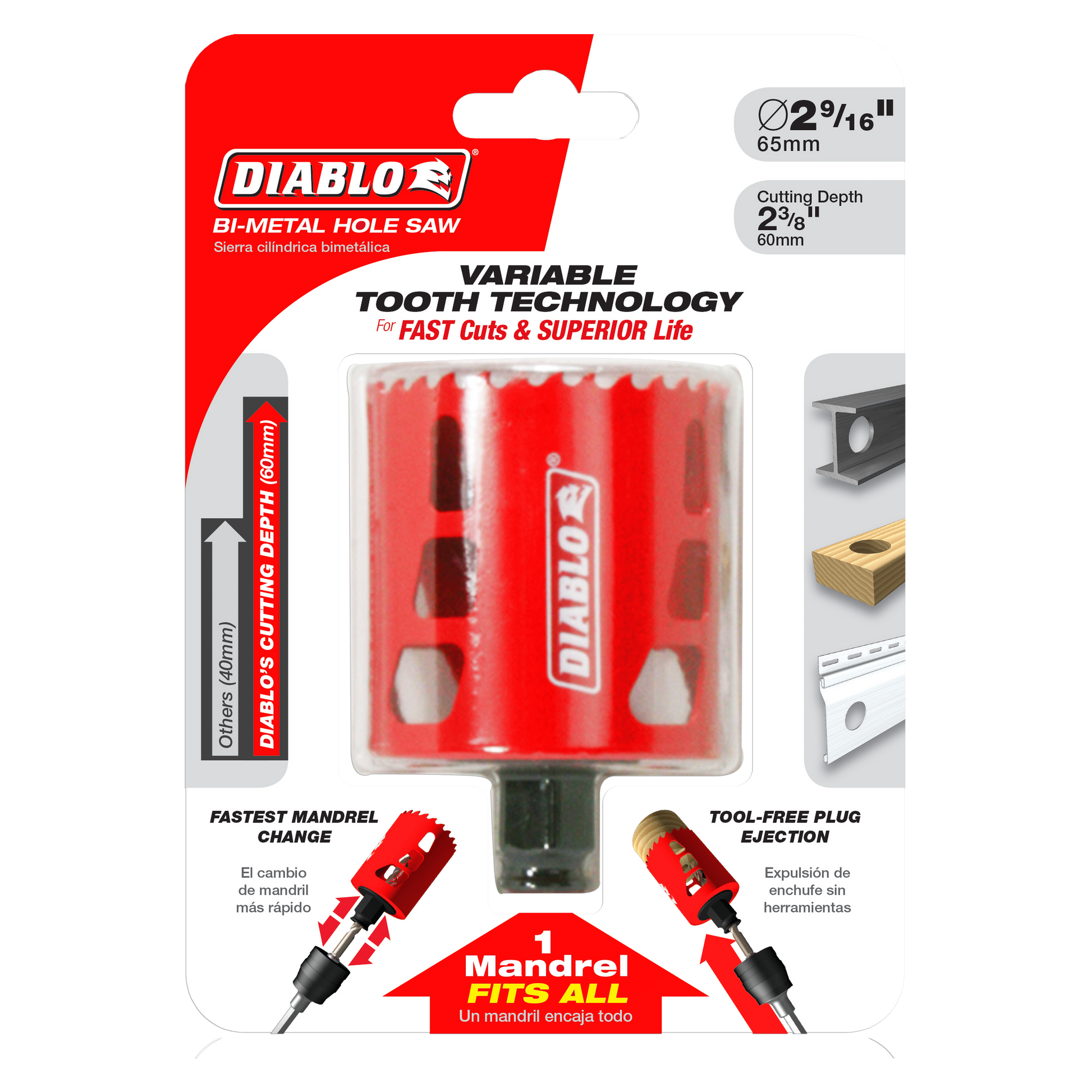Diablo bi-metal hole saw with red body, variable tooth design, 2-9/16 inch diameter, shown on retail packaging with mandrel a