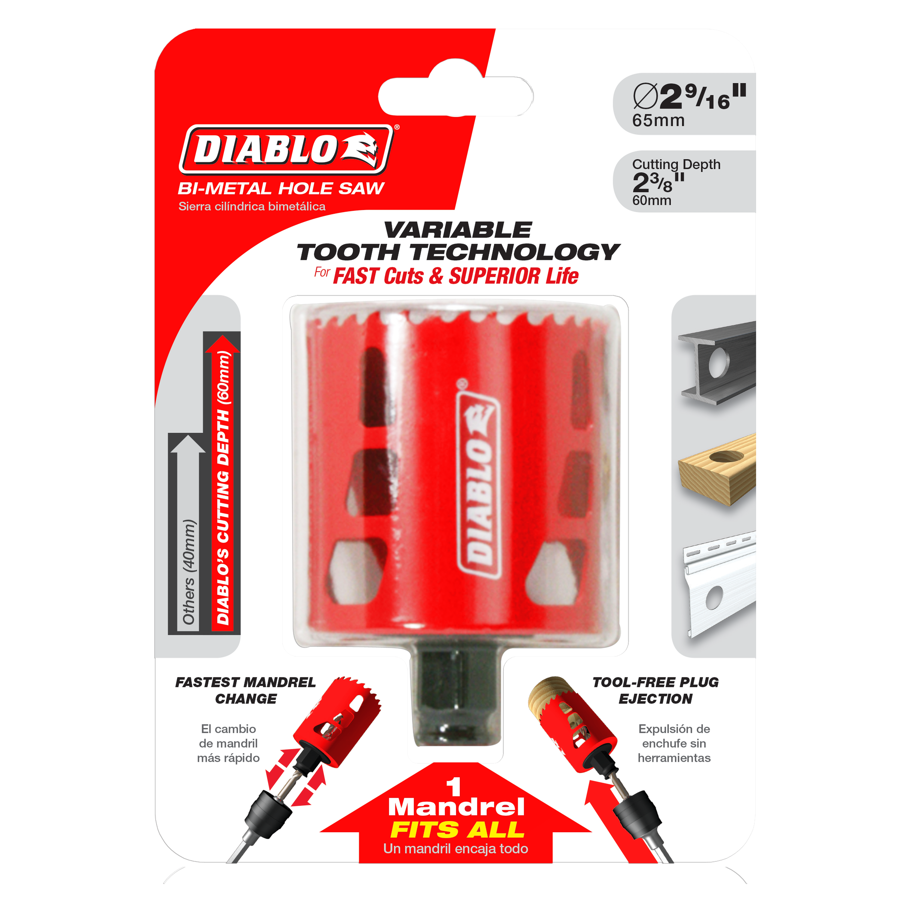 Diablo bi-metal hole saw with red body, variable tooth design, 2-9/16 inch diameter, shown on retail packaging with mandrel a