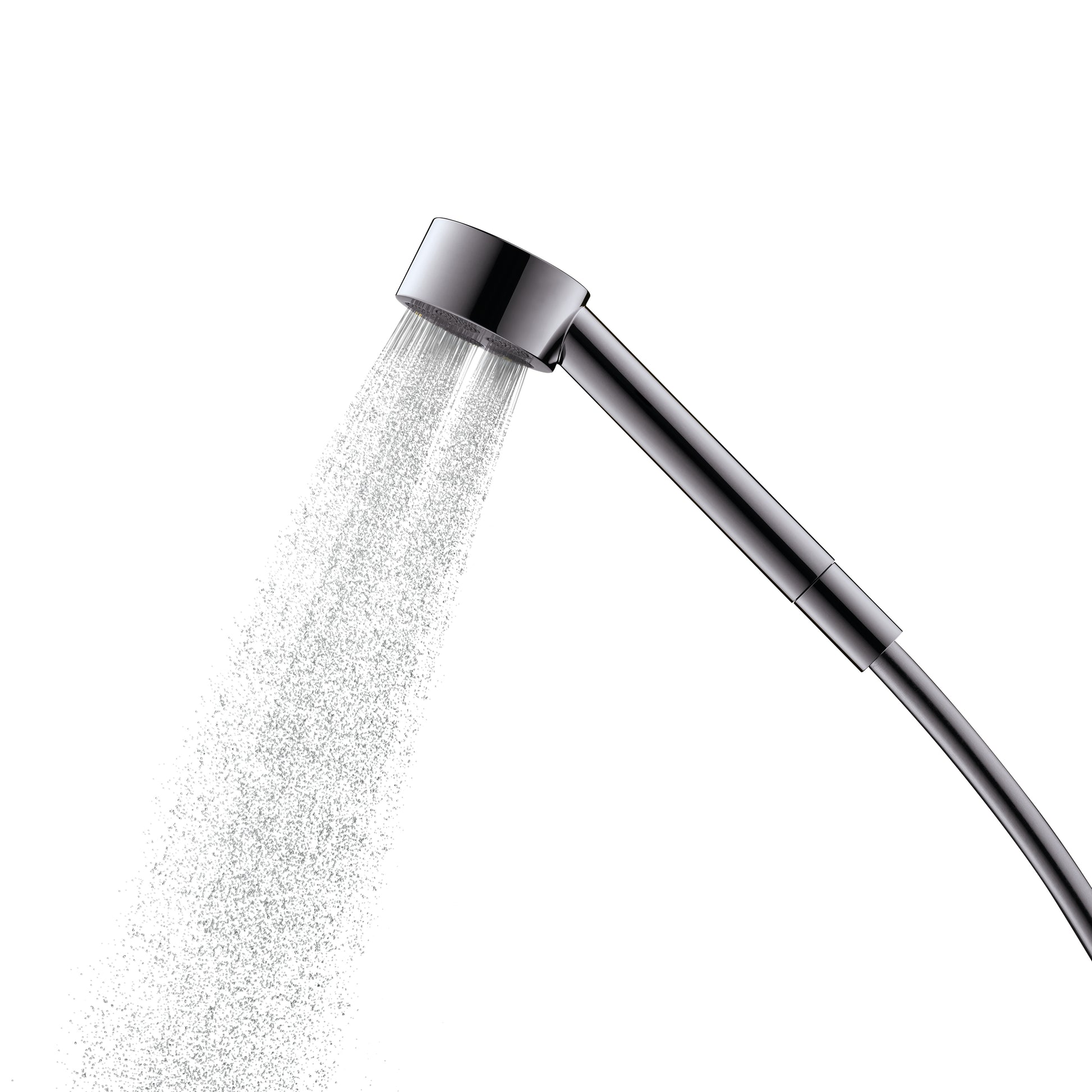 Brushed black chrome handheld showerhead with single spray jet and attached hose against white background.