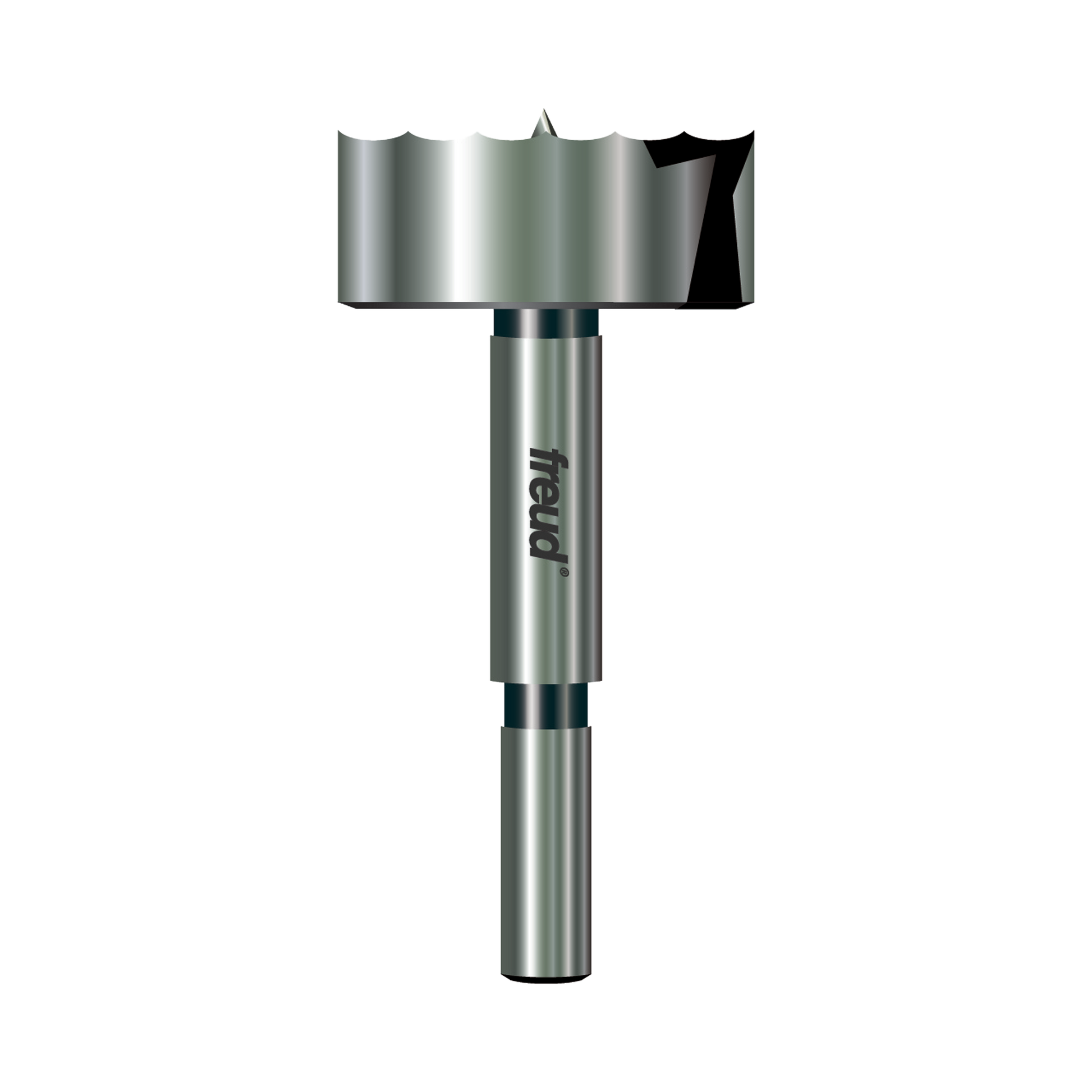 Freud PB-012 Forstner bit with cylindrical shank and wide cutting head in brushed steel finish.