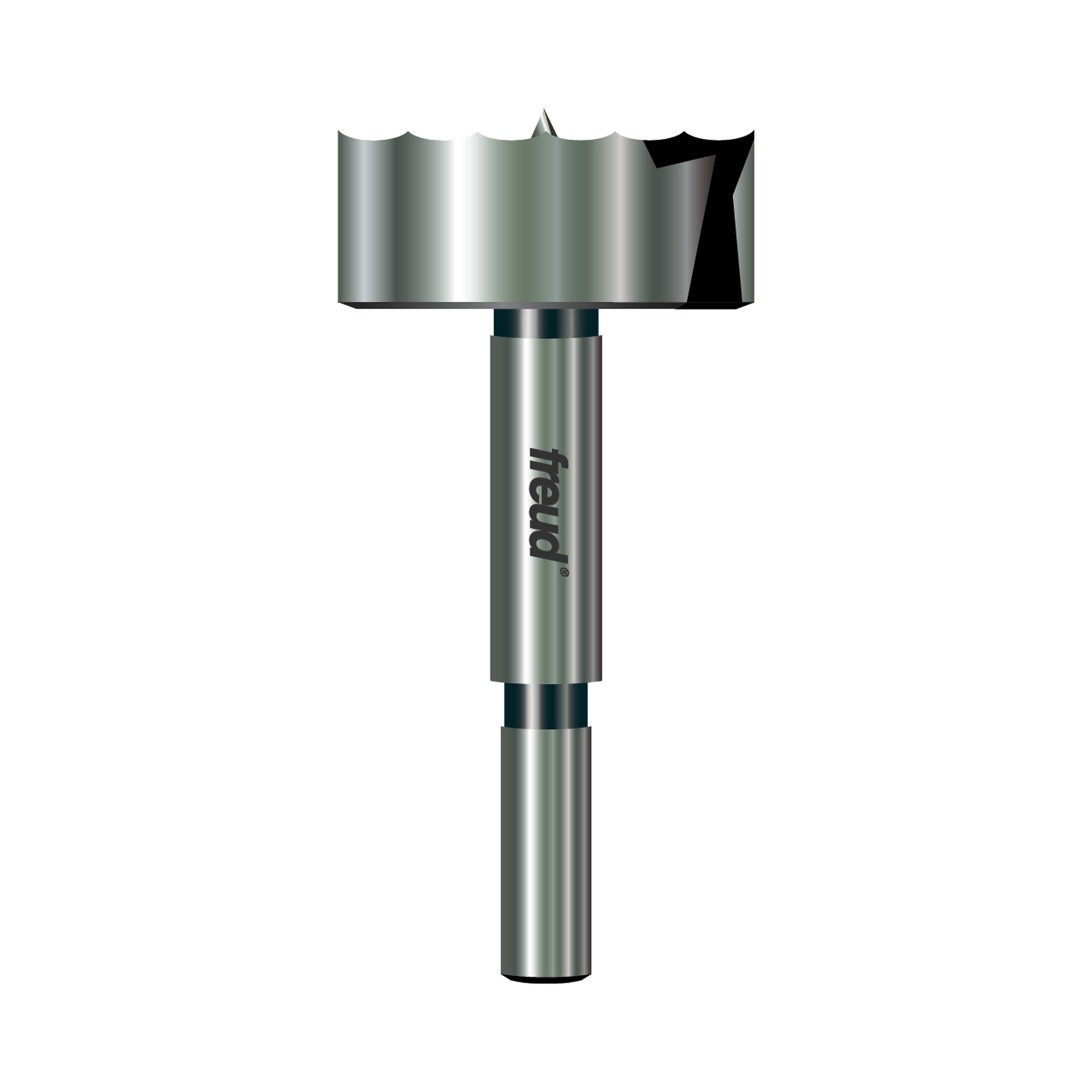 Freud PB-012 Forstner bit with cylindrical shank and wide cutting head in brushed steel finish.