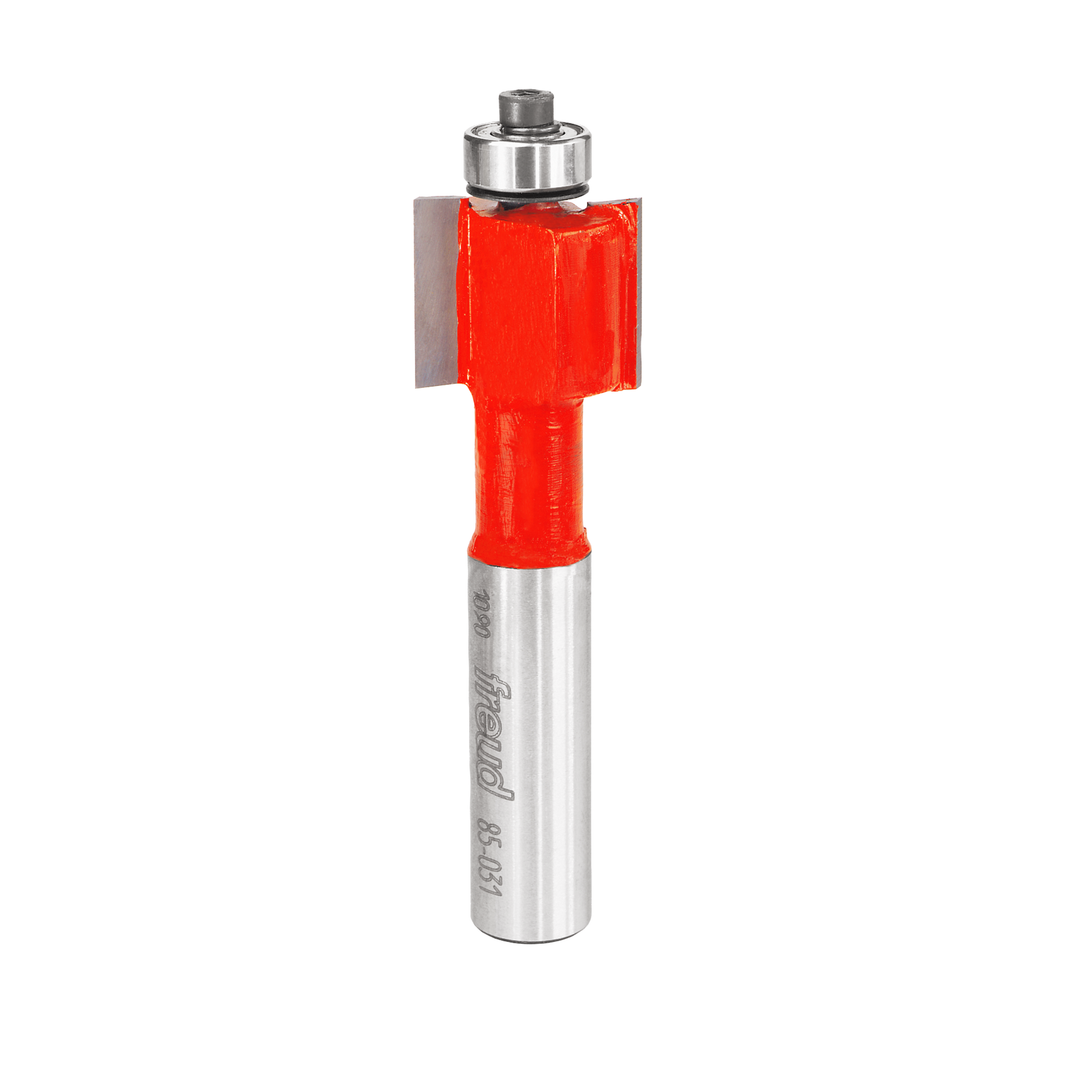 Freud inlay router bit with red cutting head and silver shank, featuring square shoulder design.
