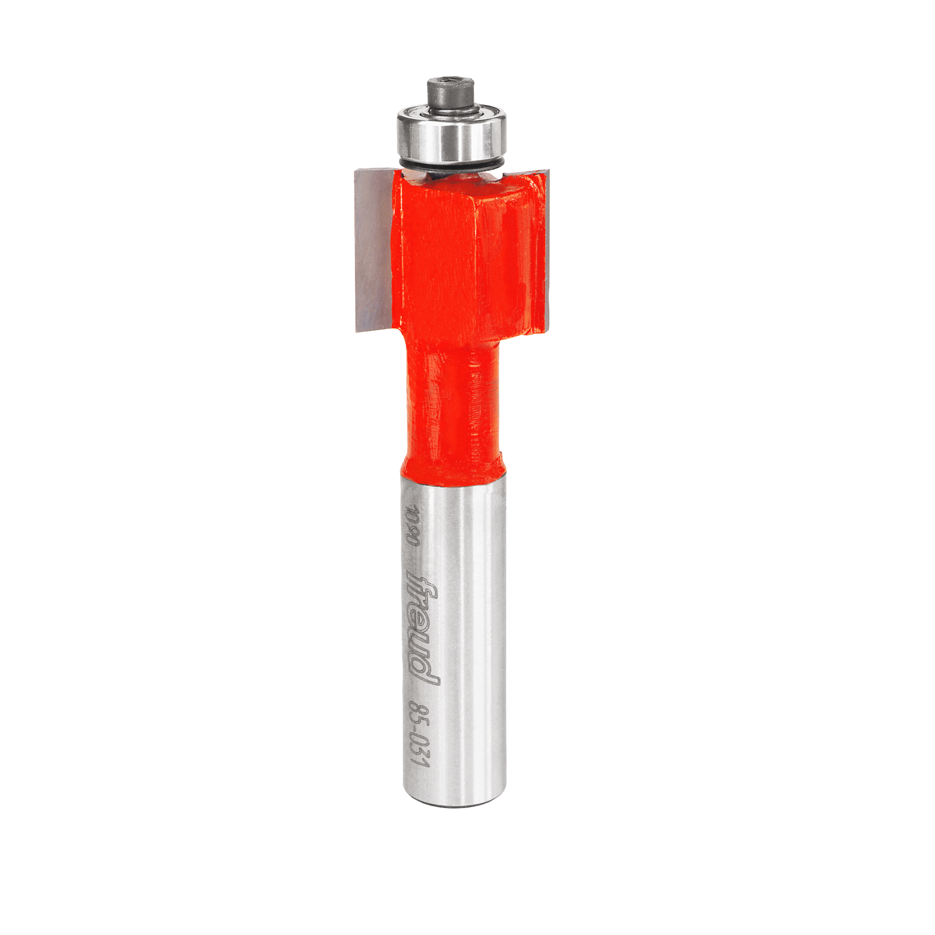 Freud inlay router bit with red cutting head and silver shank, featuring square shoulder design.
