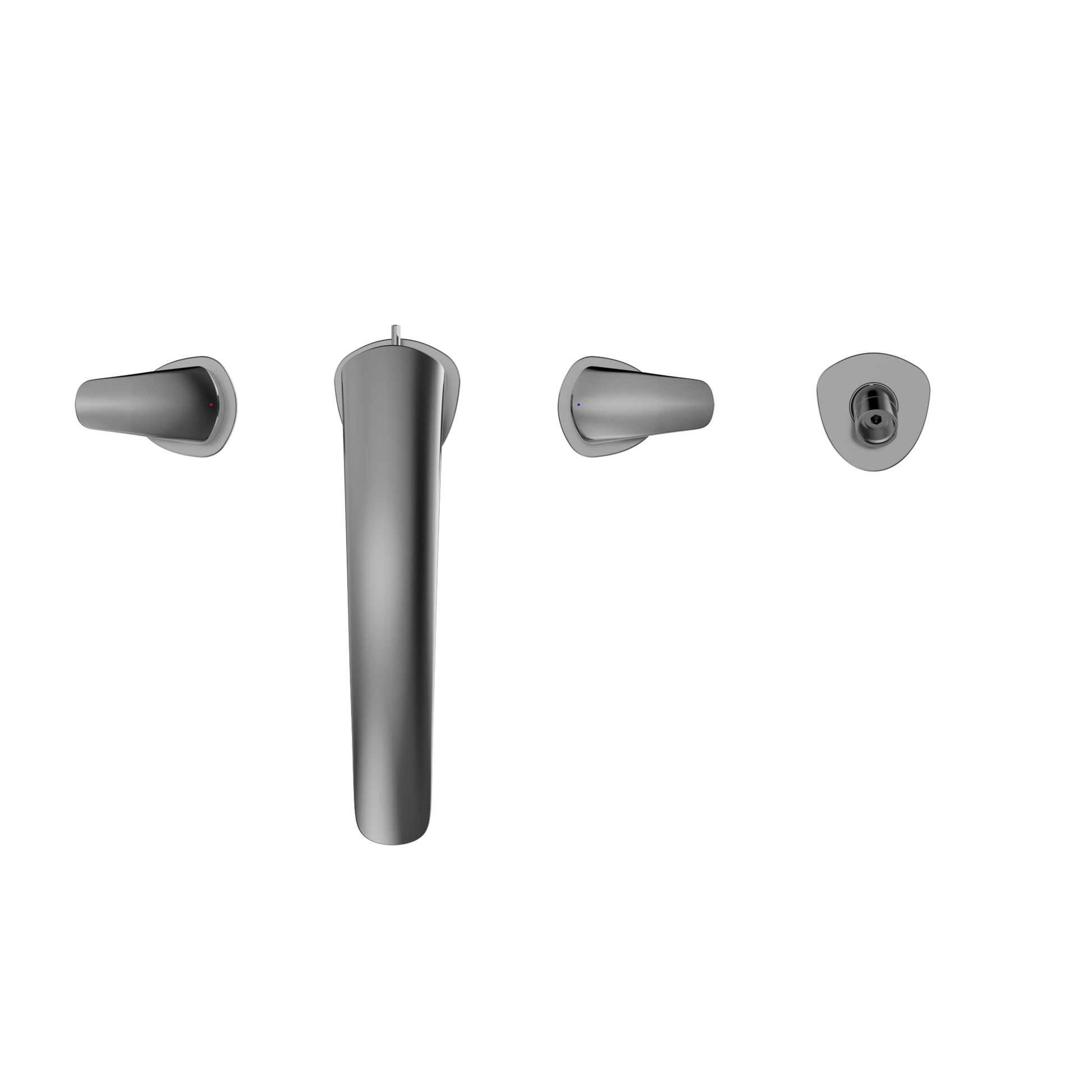 Polished chrome two-handle roman tub filler trim with central spout and separate handshower.