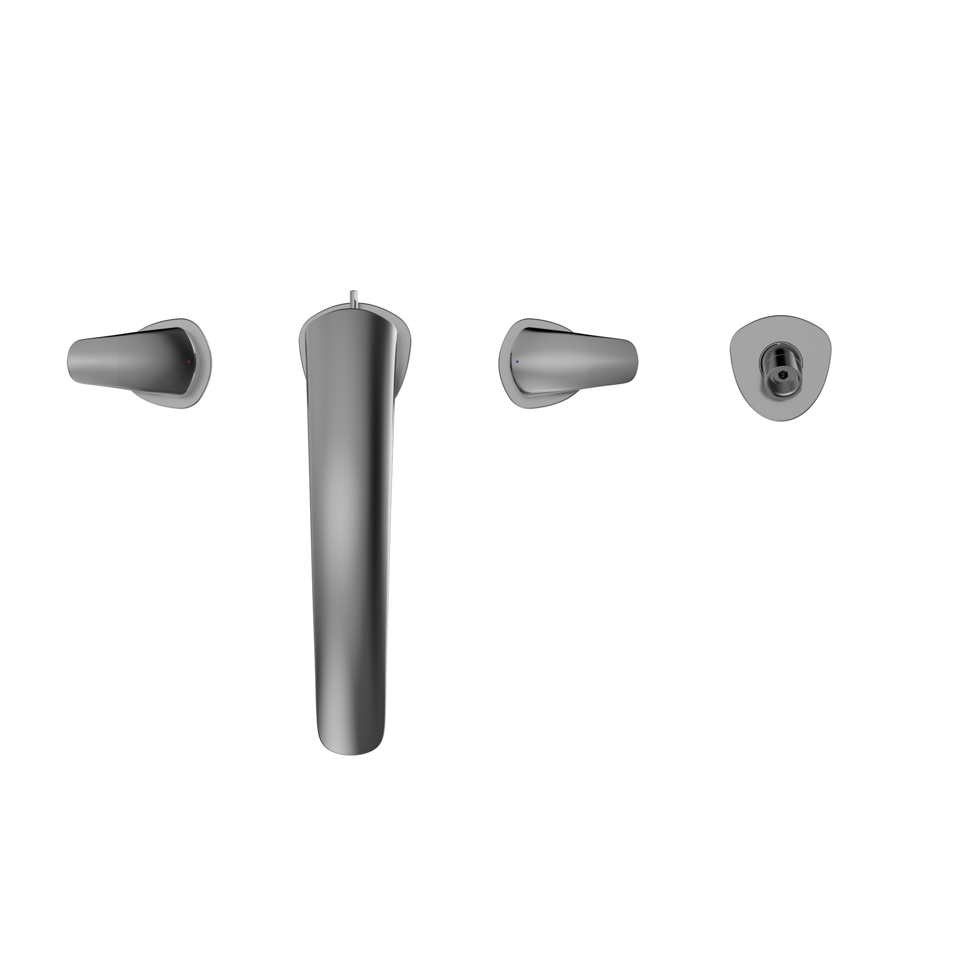 Polished chrome two-handle roman tub filler trim with central spout and separate handshower.