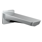 Polished chrome wall-mounted tub spout with rectangular escutcheon plate and angled spout outlet.