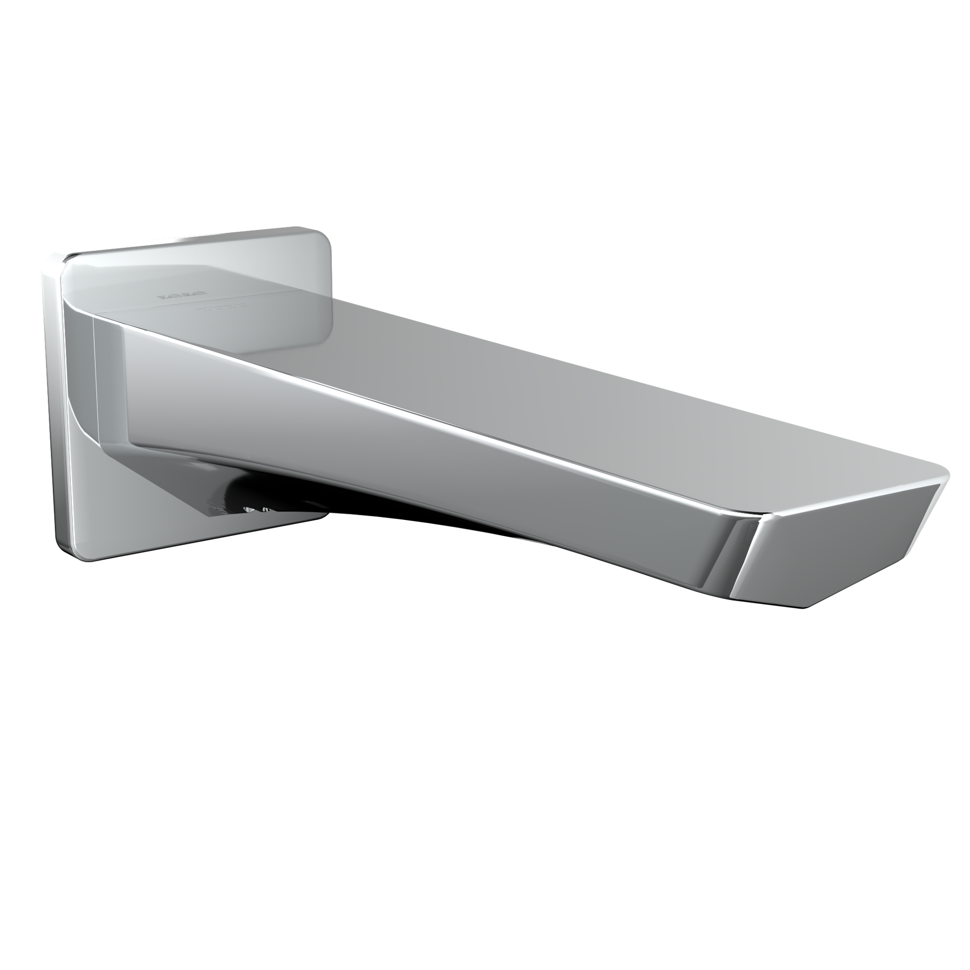 Polished chrome wall-mounted tub spout with rectangular escutcheon plate and angled spout outlet.