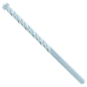 Silver carbide tipped masonry drill bit with spiral flutes and pointed tip for concrete and stone drilling.