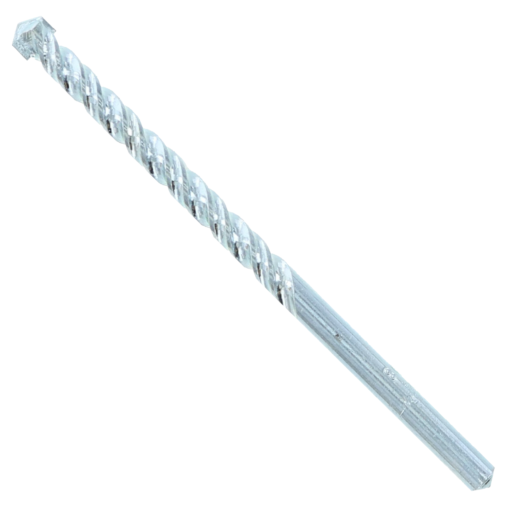 Silver carbide tipped masonry drill bit with spiral flutes and pointed tip for concrete and stone drilling.