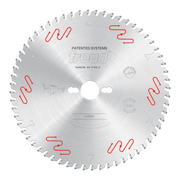 Circular saw blade with gray teeth around perimeter, white center hole, red wavy markings, and Freud branding on brushed meta