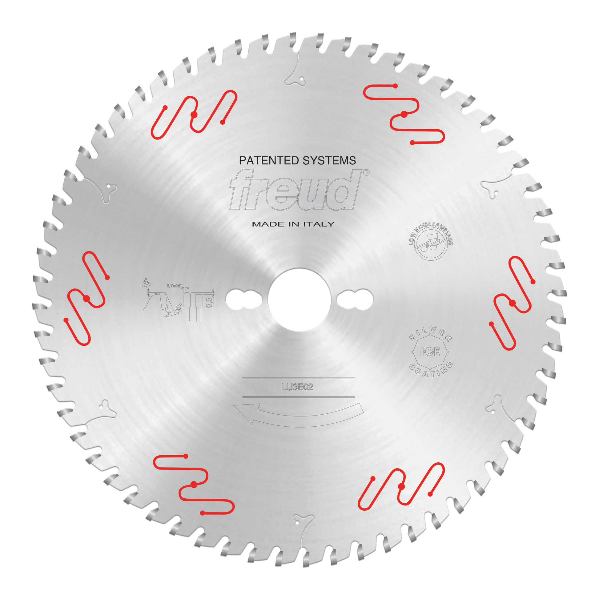 Circular saw blade with gray teeth around perimeter, white center hole, red wavy markings, and Freud branding on brushed meta