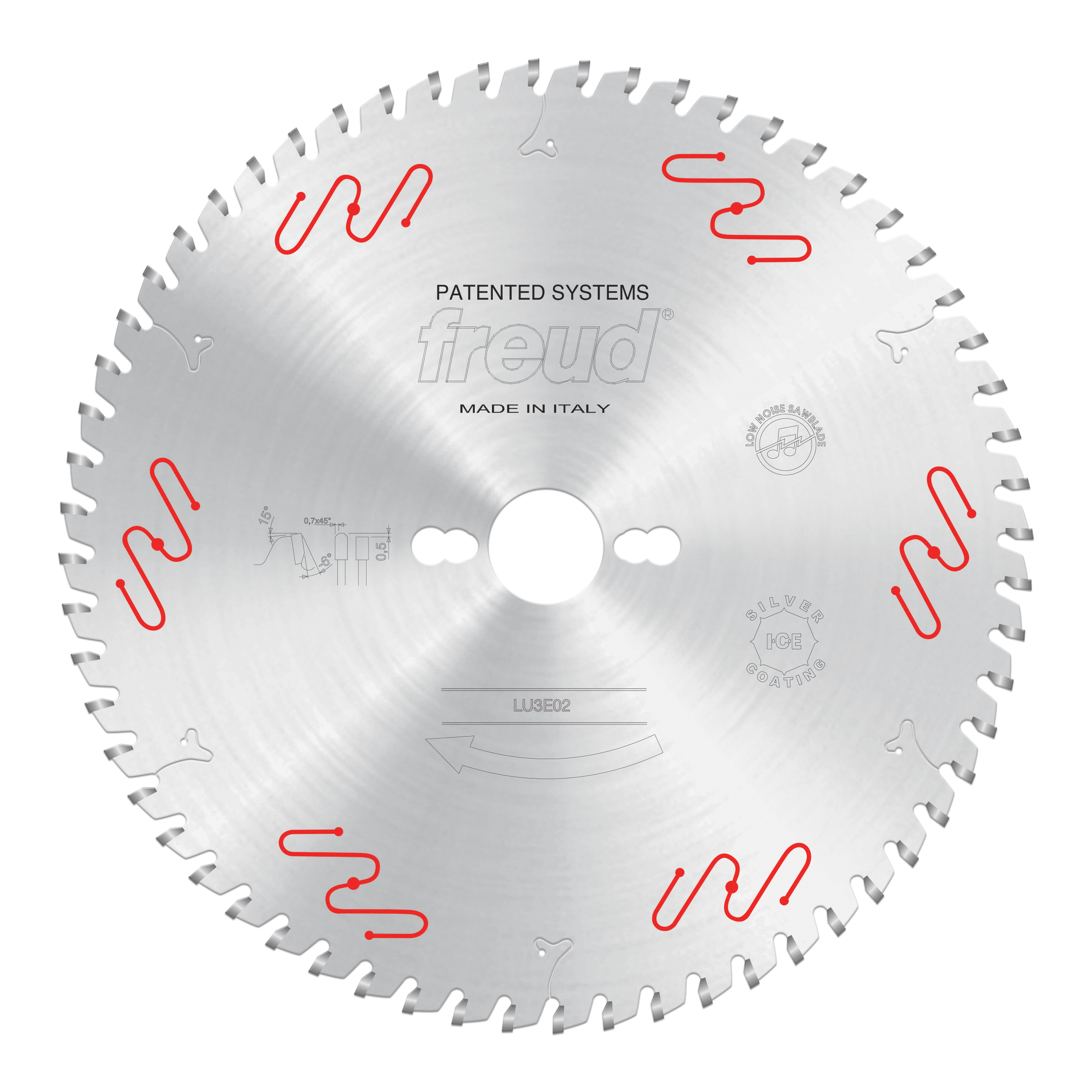 Circular saw blade with gray teeth around perimeter, white center hole, red wavy markings, and Freud branding on brushed meta