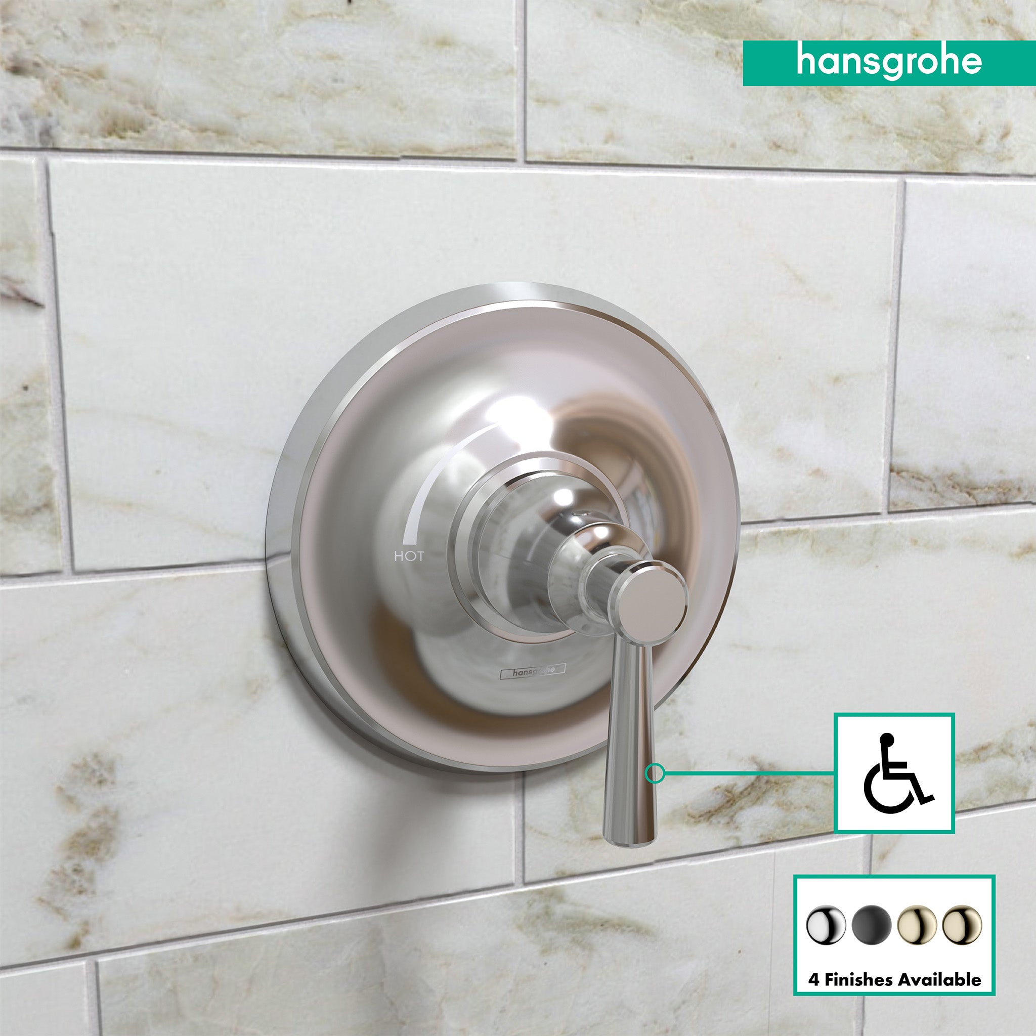Chrome pressure balance shower trim with circular escutcheon and single lever handle mounted on marble tile wall.
