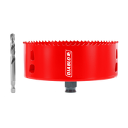 Red Diablo hole saw with serrated cutting edge and gray drill bit shown separately on white background.