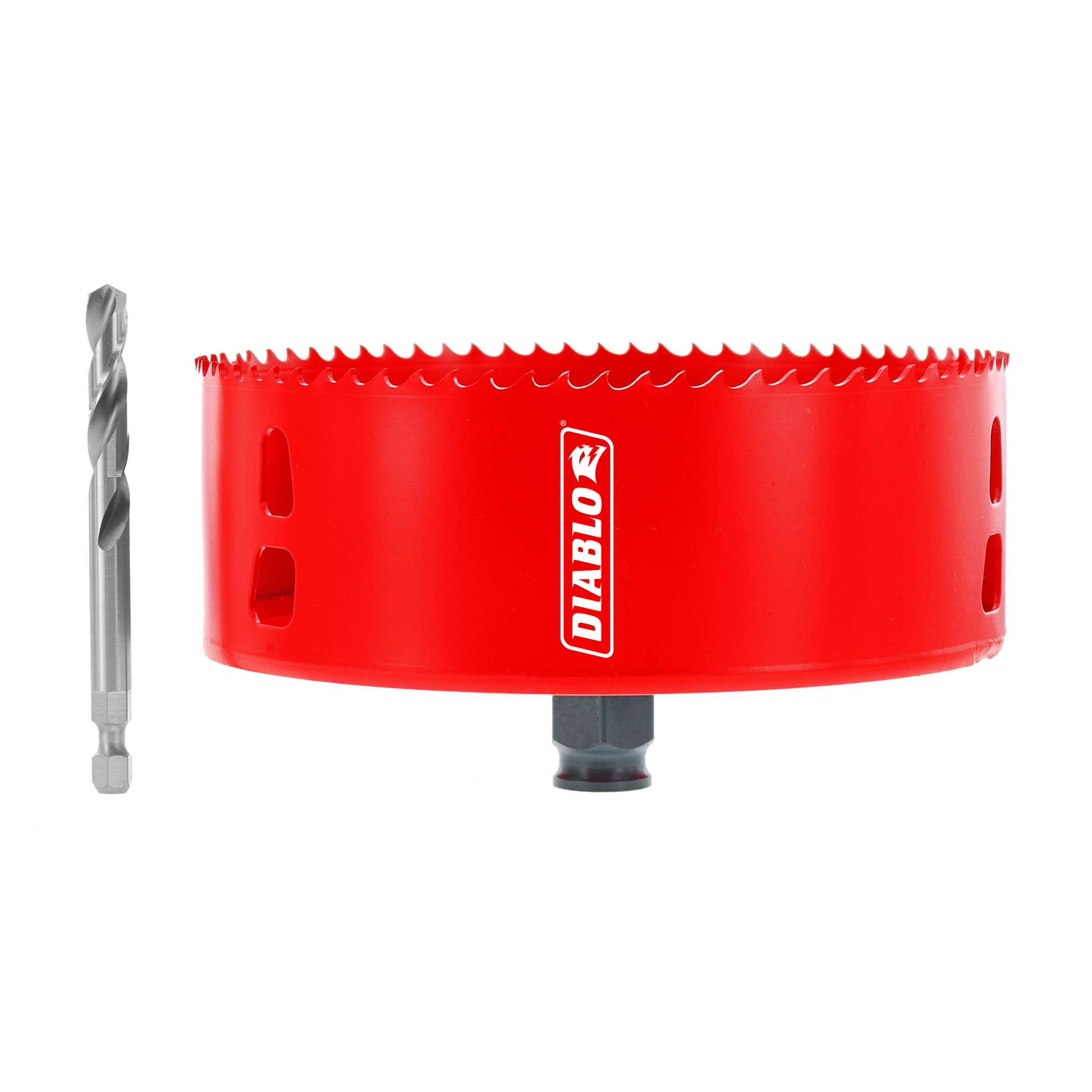 Red Diablo hole saw with serrated cutting edge and gray drill bit shown separately on white background.