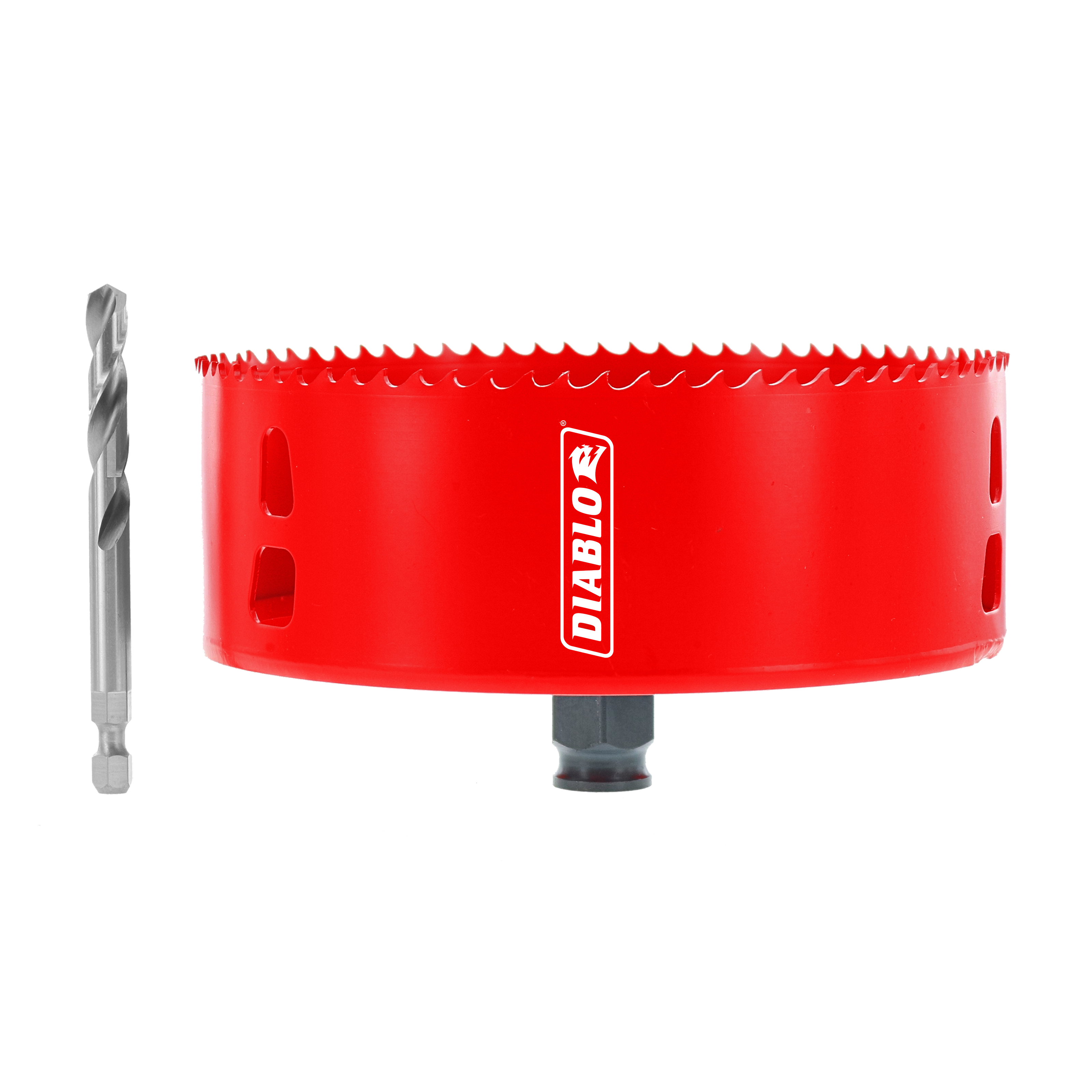 Red Diablo hole saw with serrated cutting edge and gray drill bit shown separately on white background.