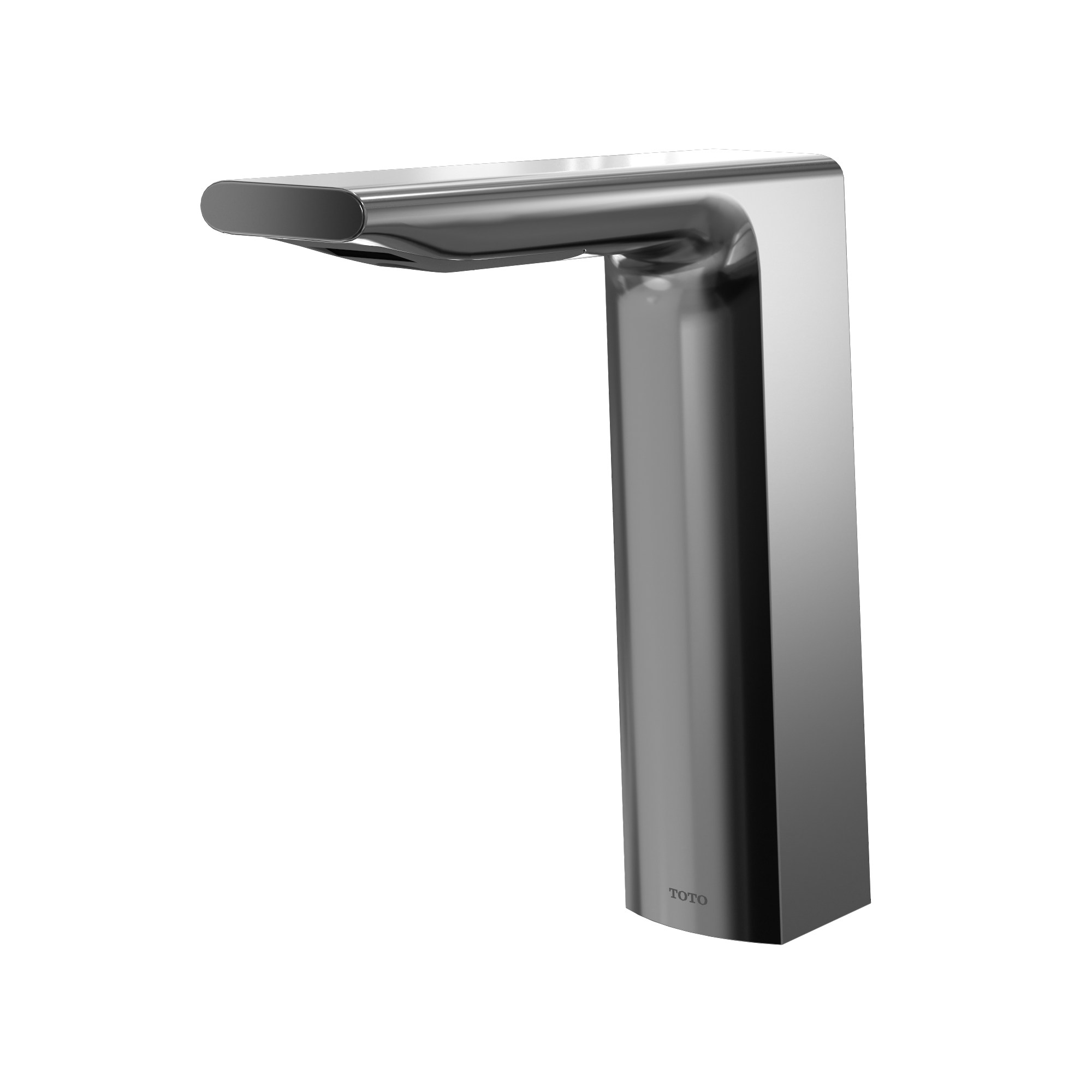 Polished chrome touchless bathroom faucet with tall rectangular base and curved spout.