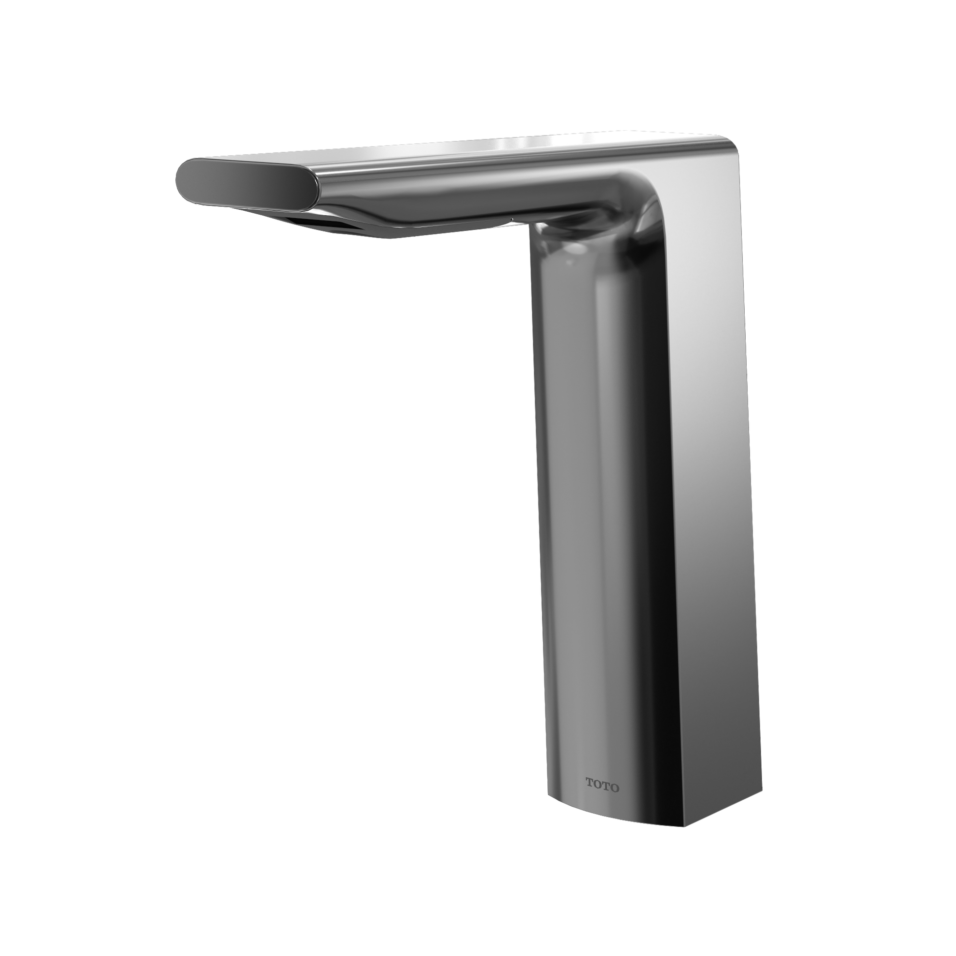 Polished chrome touchless bathroom faucet with tall rectangular body and curved spout.