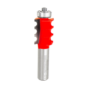 Router bit with red cutting head and silver steel shank, featuring three rounded flutes on the cutting surface.
