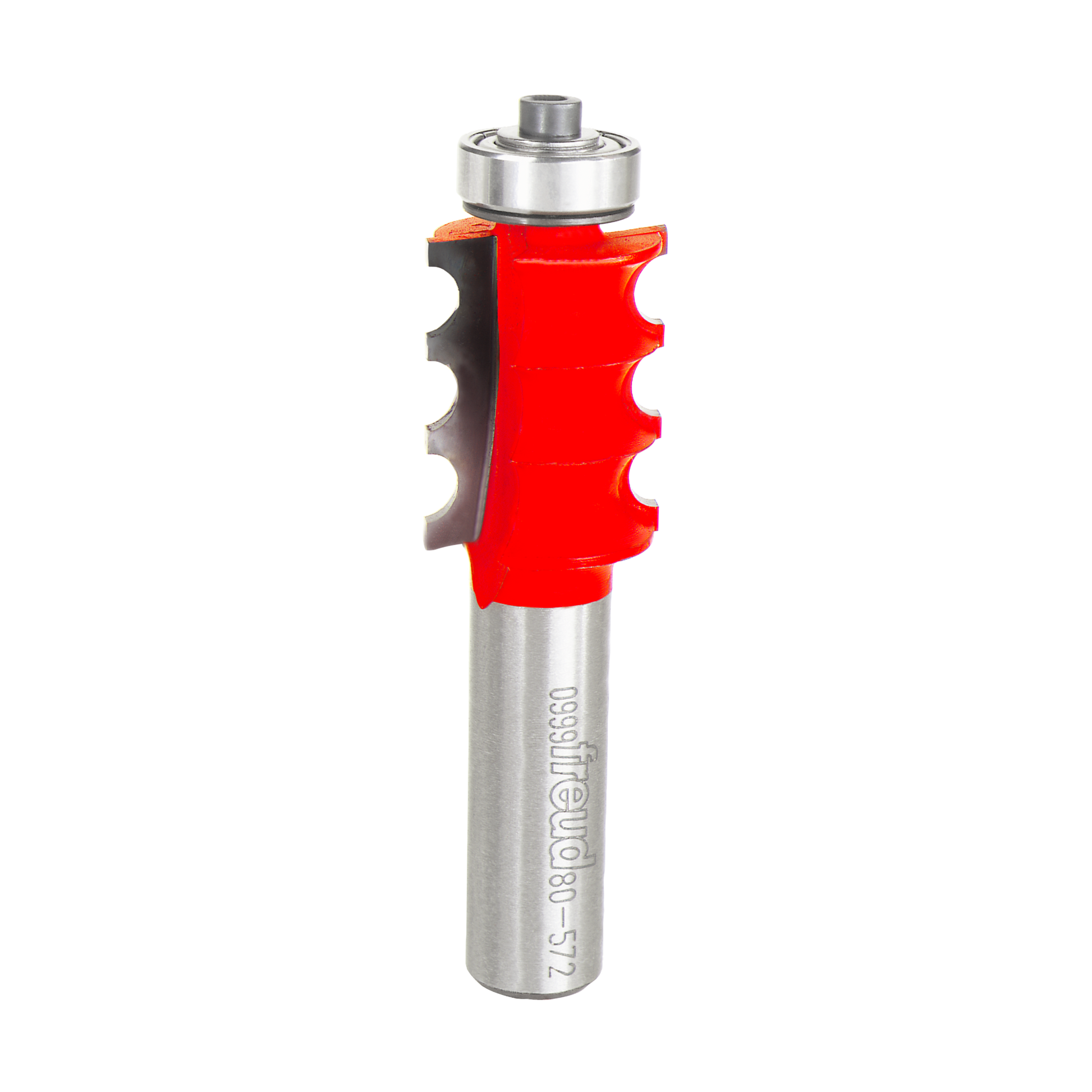 Router bit with red cutting head and silver steel shank, featuring three rounded flutes on the cutting surface.