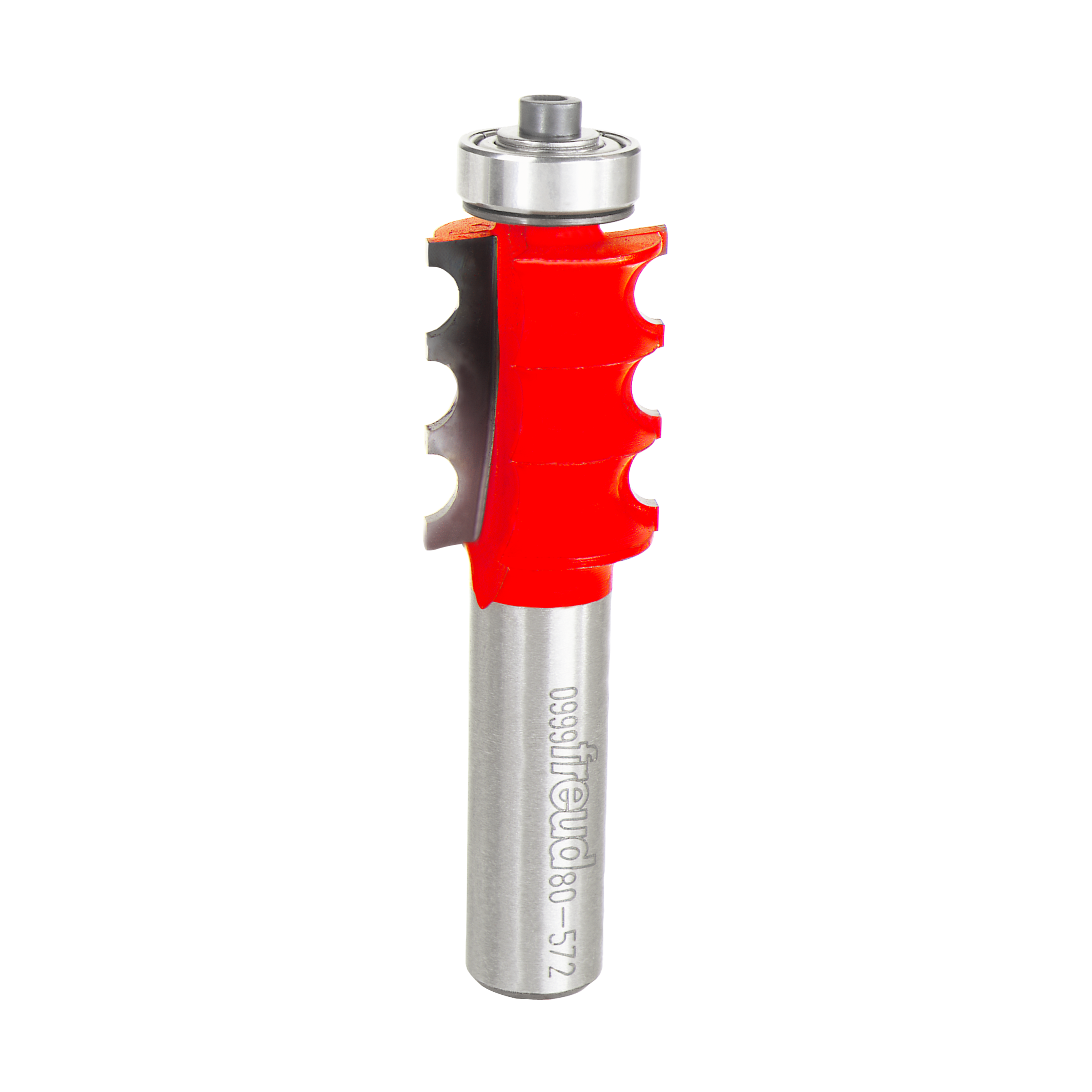 Router bit with red cutting head and silver steel shank, featuring three rounded flutes on the cutting surface.