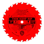 Red circular saw blade with 22 teeth, 9-inch diameter, 5/8-inch arbor, labeled "Thin Kerf Rip" with gray tooth tips.