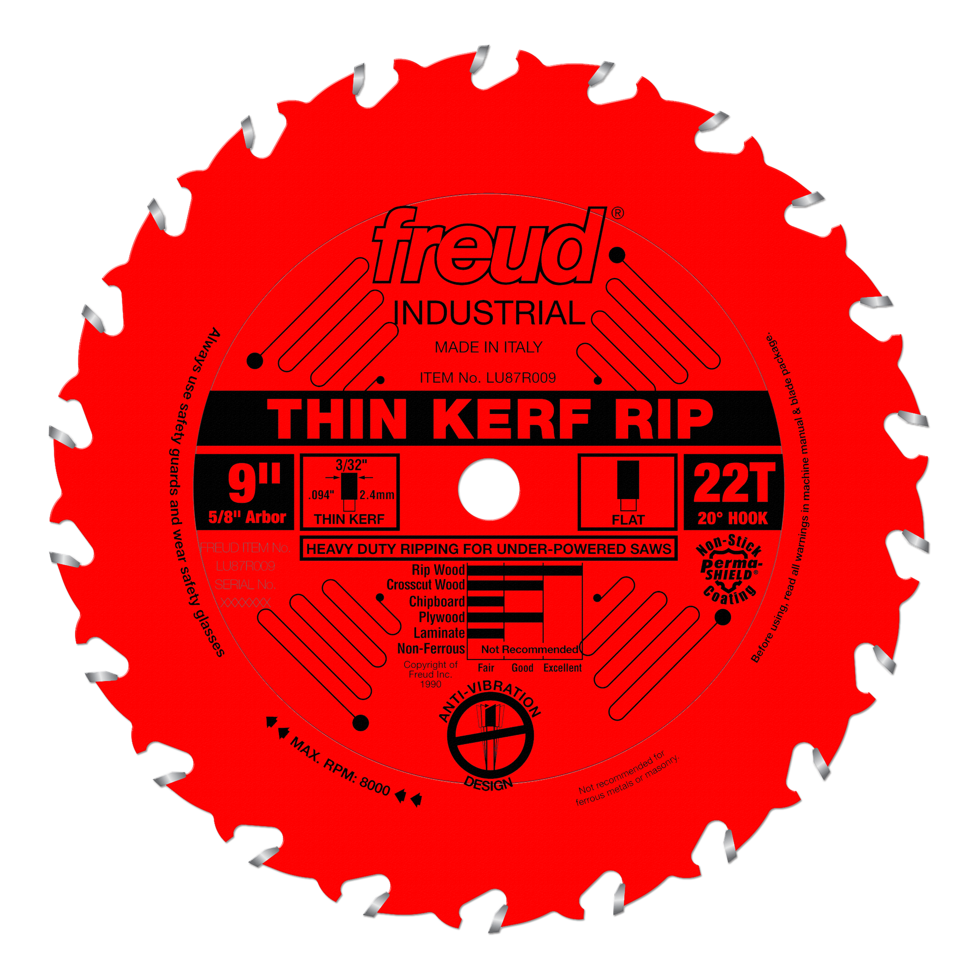 Red circular saw blade with 22 teeth, 9-inch diameter, 5/8-inch arbor, labeled "Thin Kerf Rip" with gray tooth tips.