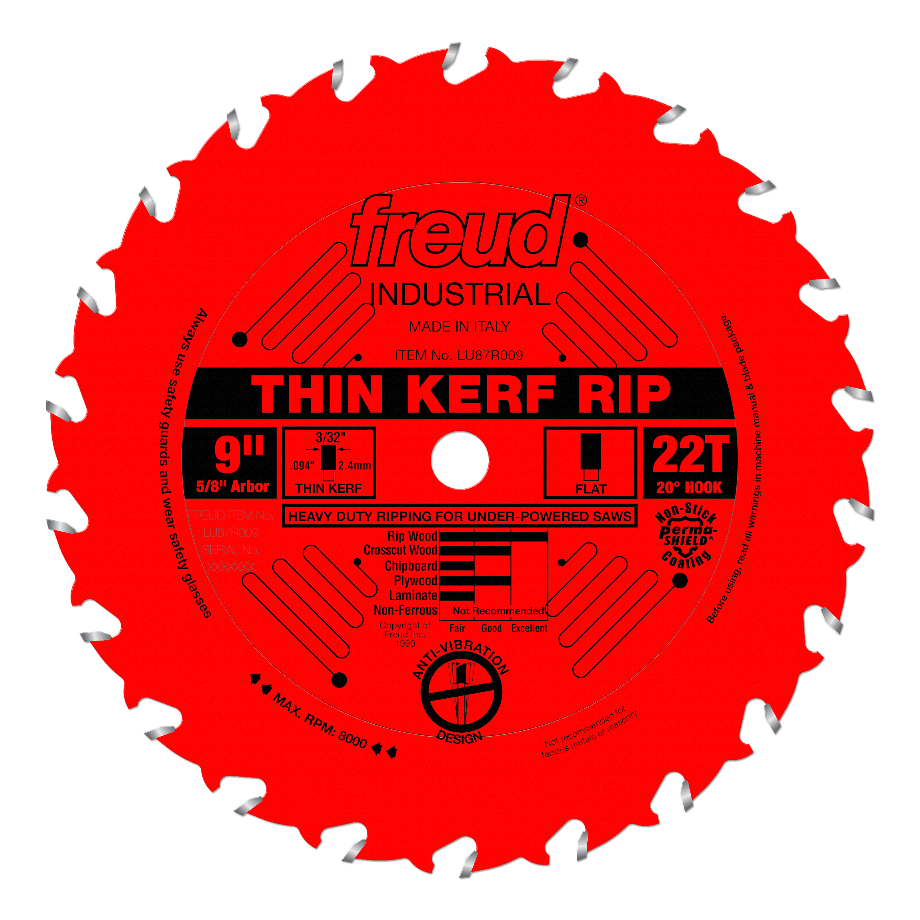 Red circular saw blade with 22 teeth, 9-inch diameter, 5/8-inch arbor, labeled "Thin Kerf Rip" with gray tooth tips.
