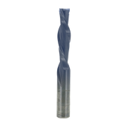 Blue and silver spiral router bit with twisted flutes and cylindrical shank for woodworking applications.