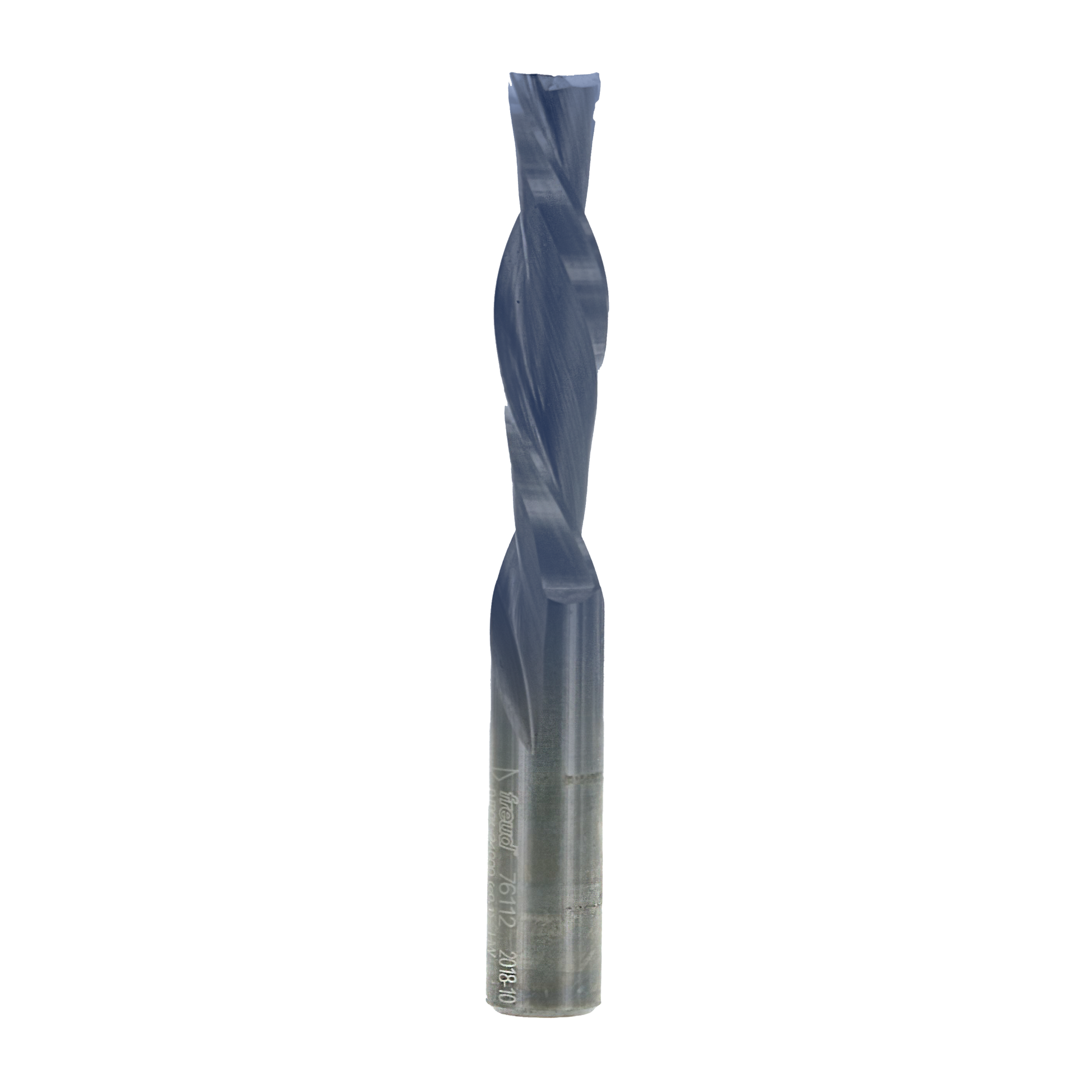 Blue and silver spiral router bit with twisted flutes and cylindrical shank for woodworking applications.