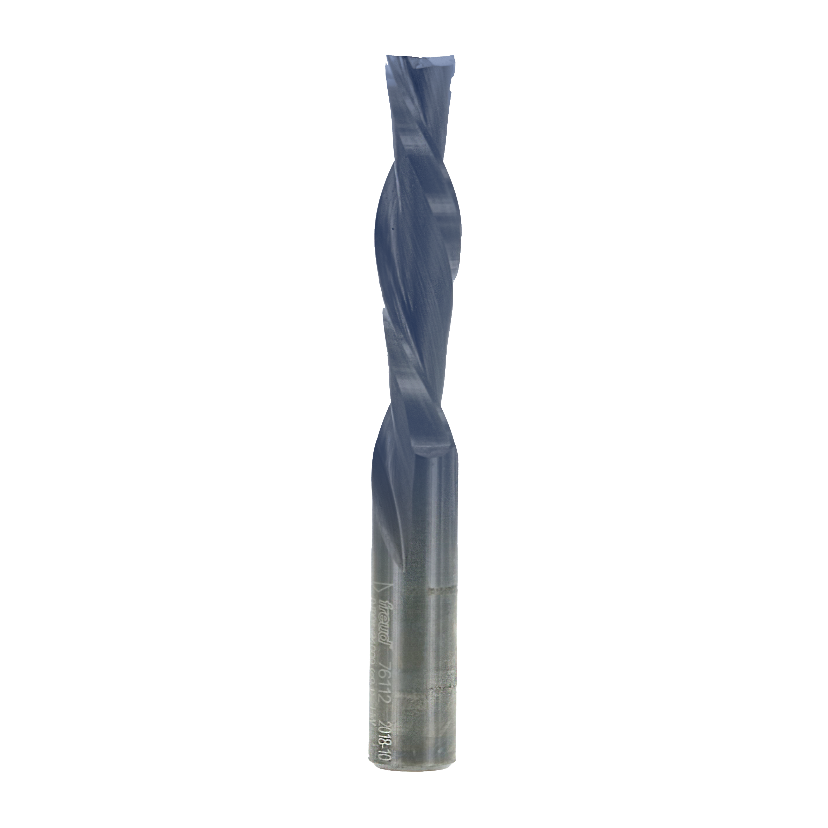 Blue and silver spiral router bit with twisted flutes and cylindrical shank for woodworking applications.