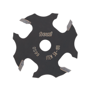 Black slotting cutter with four carbide cutting wings and central bore, marked "freud" and "ITEM 58-100".