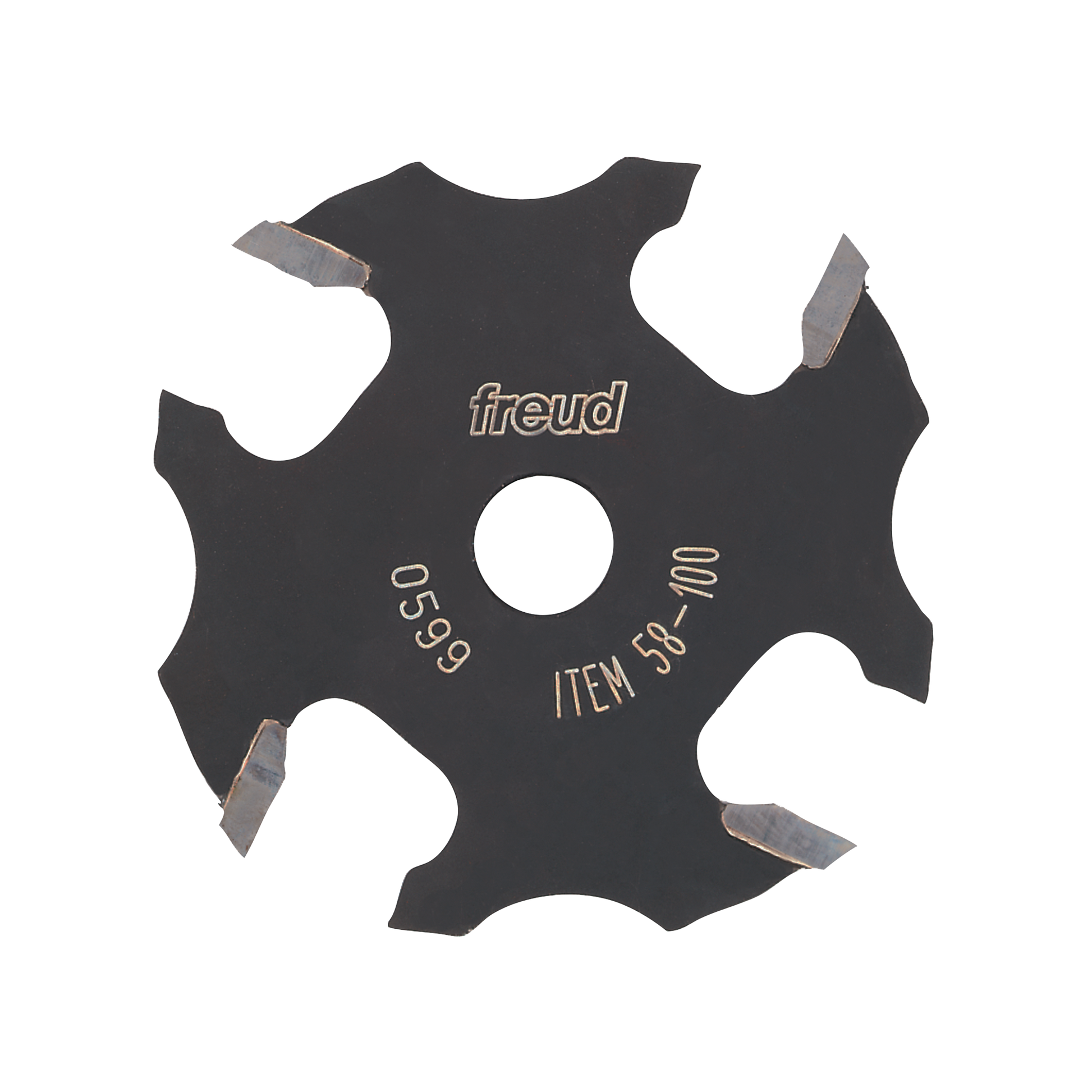 Black slotting cutter with four carbide cutting wings and central bore, marked "freud" and "ITEM 58-100".