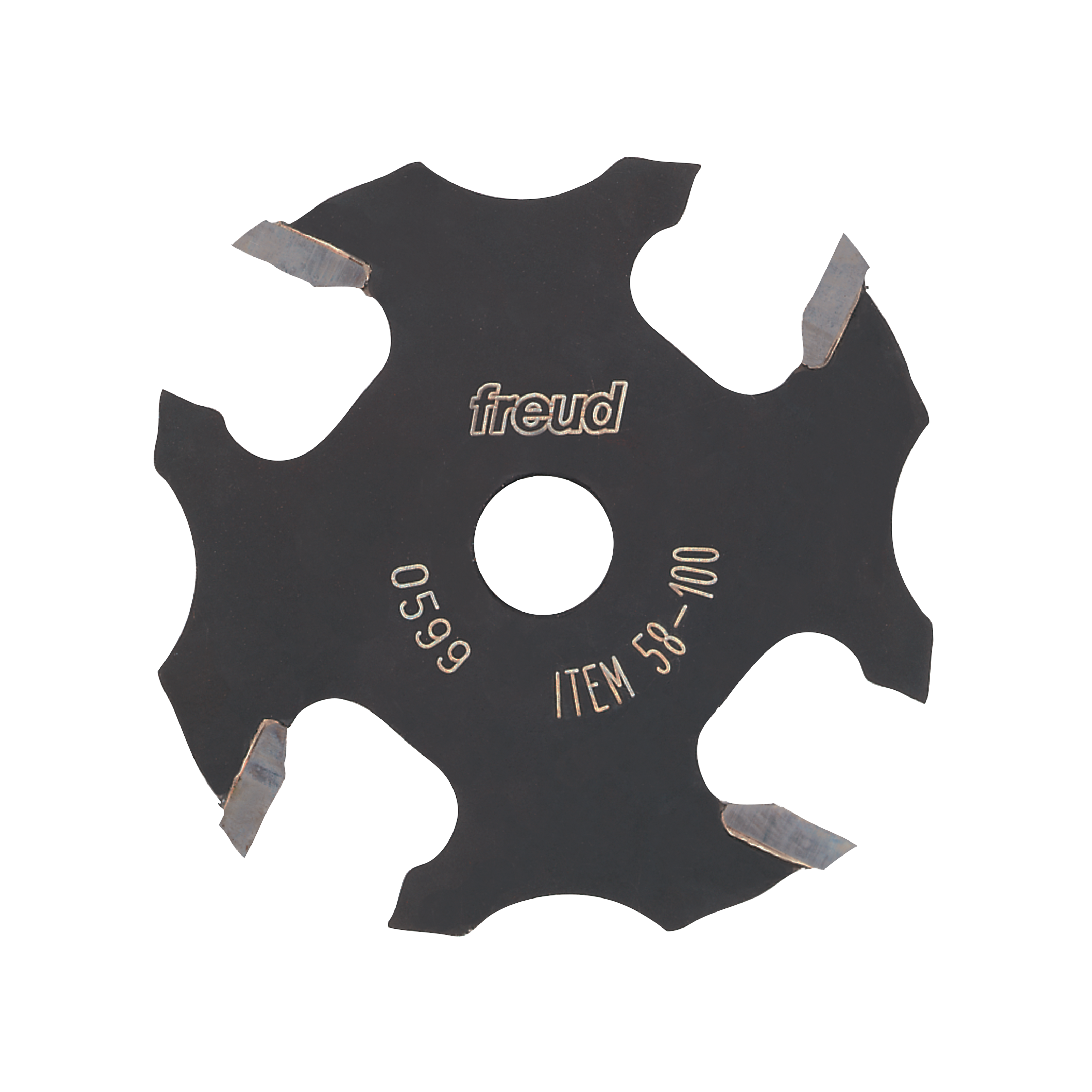 Black slotting cutter with four carbide cutting wings and central bore, marked "freud" and "ITEM 58-100".