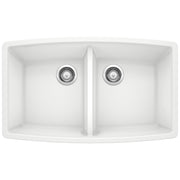 White double bowl undermount kitchen sink with rounded corners and chrome drain strainers.