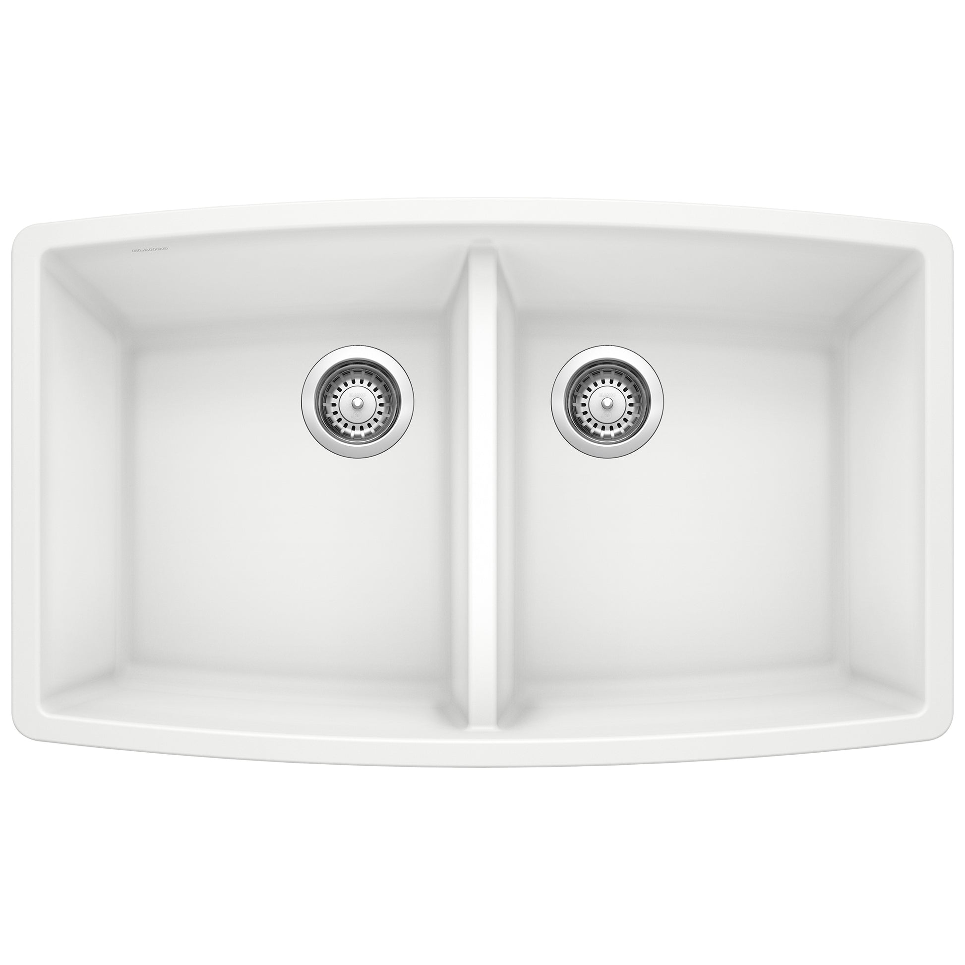 White double bowl undermount kitchen sink with rounded corners and chrome drain strainers.