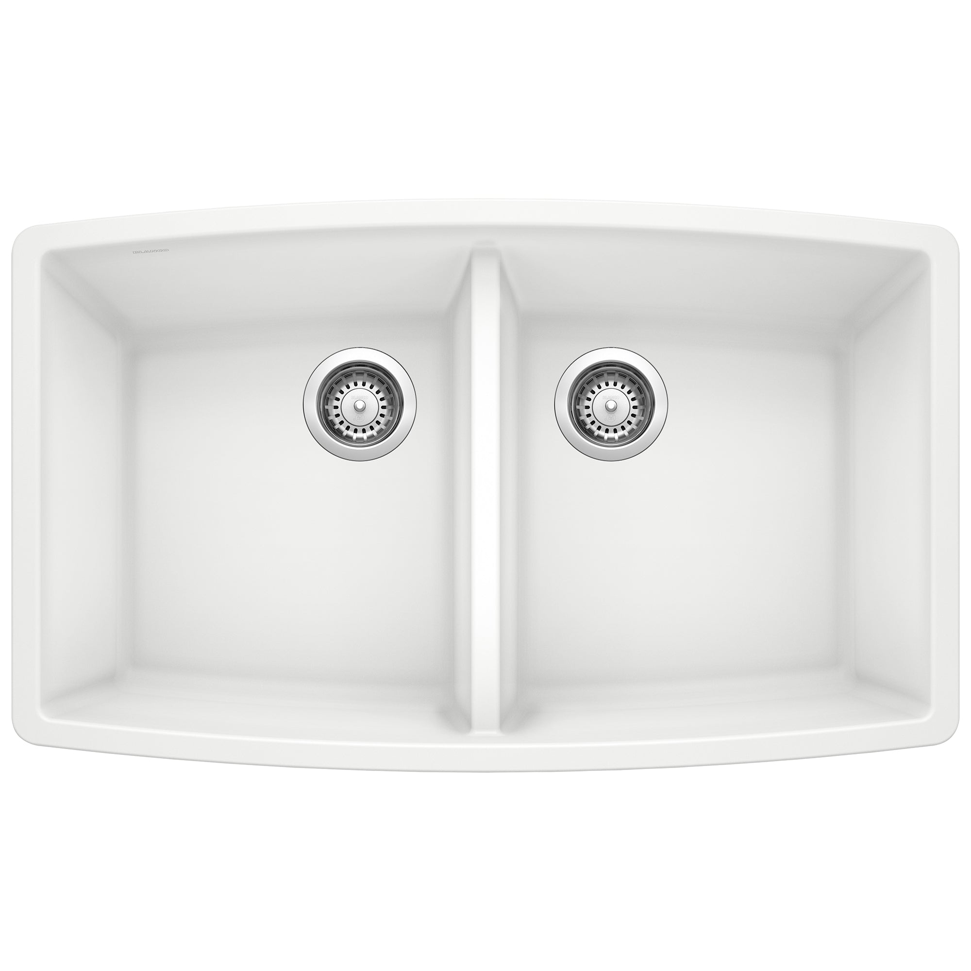White double bowl undermount kitchen sink with rounded corners and chrome drain strainers.
