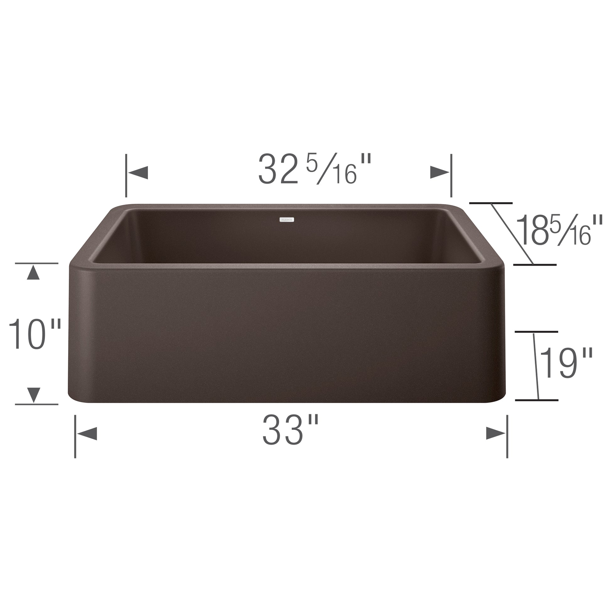 Cafe brown apron front kitchen sink with dimensions shown, 33 inches wide and 10 inches deep.