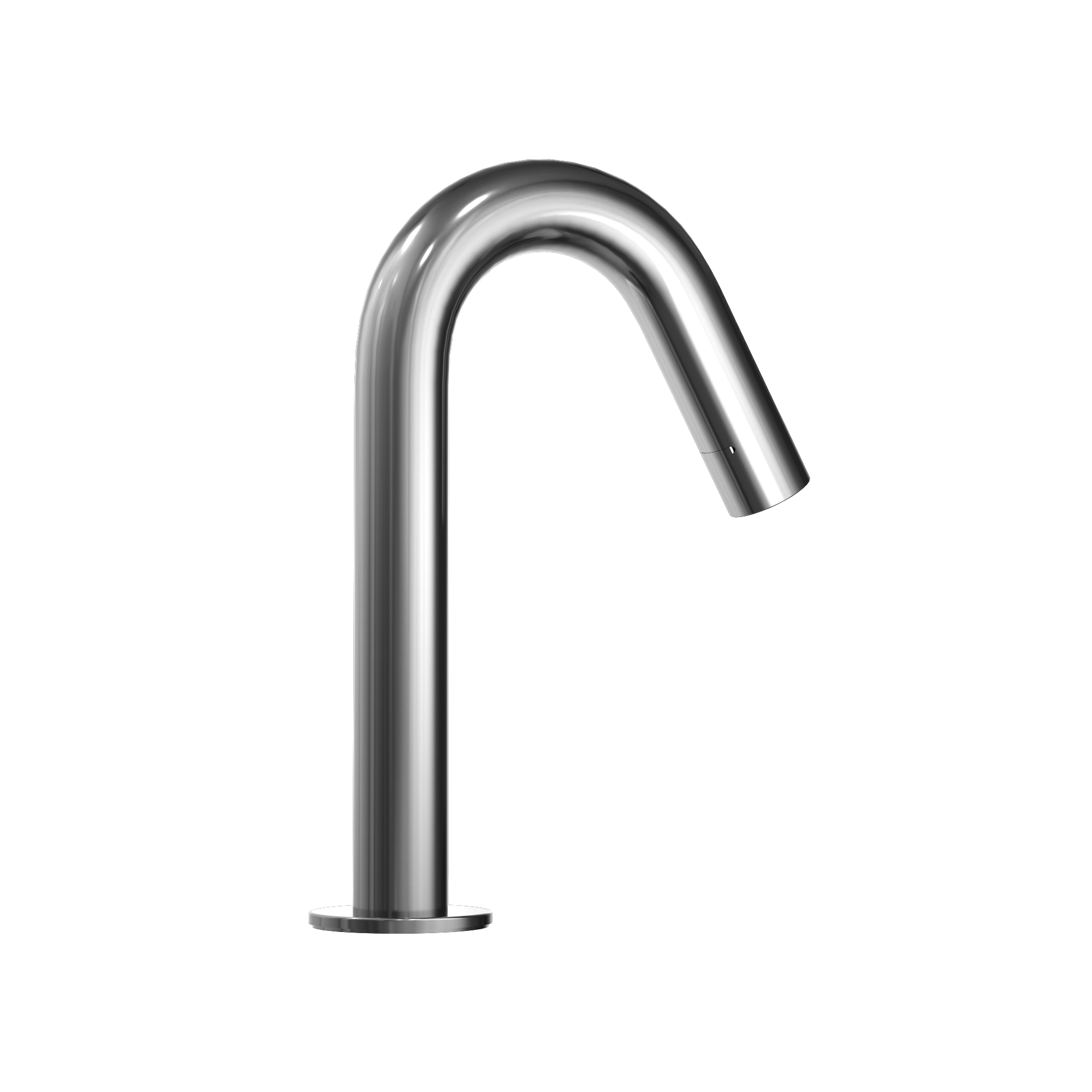 Polished chrome touchless bathroom faucet with curved spout and circular base.