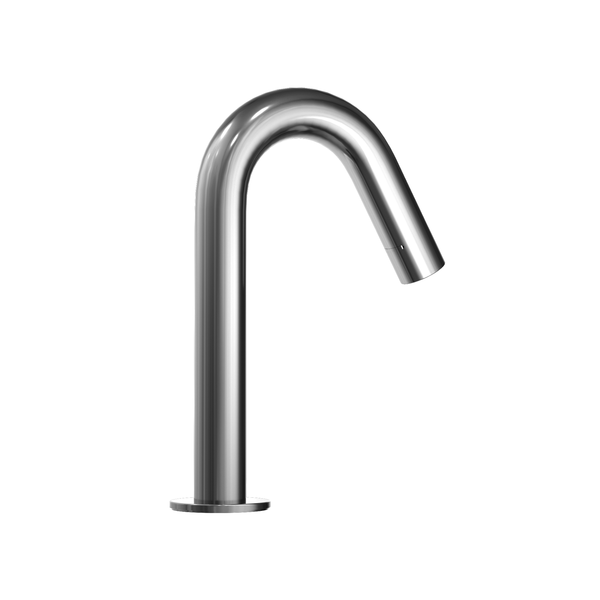 Polished chrome touchless bathroom faucet with curved spout and round base.