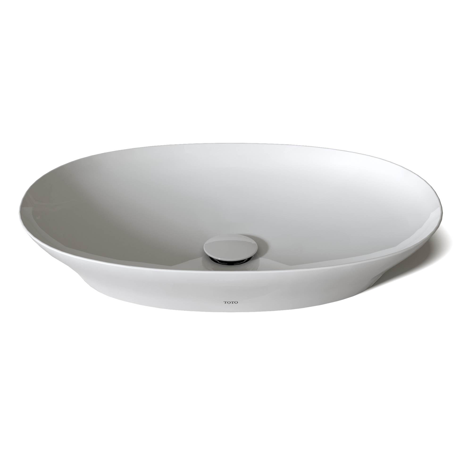 Cotton white oval vessel sink with center drain and rounded interior basin.