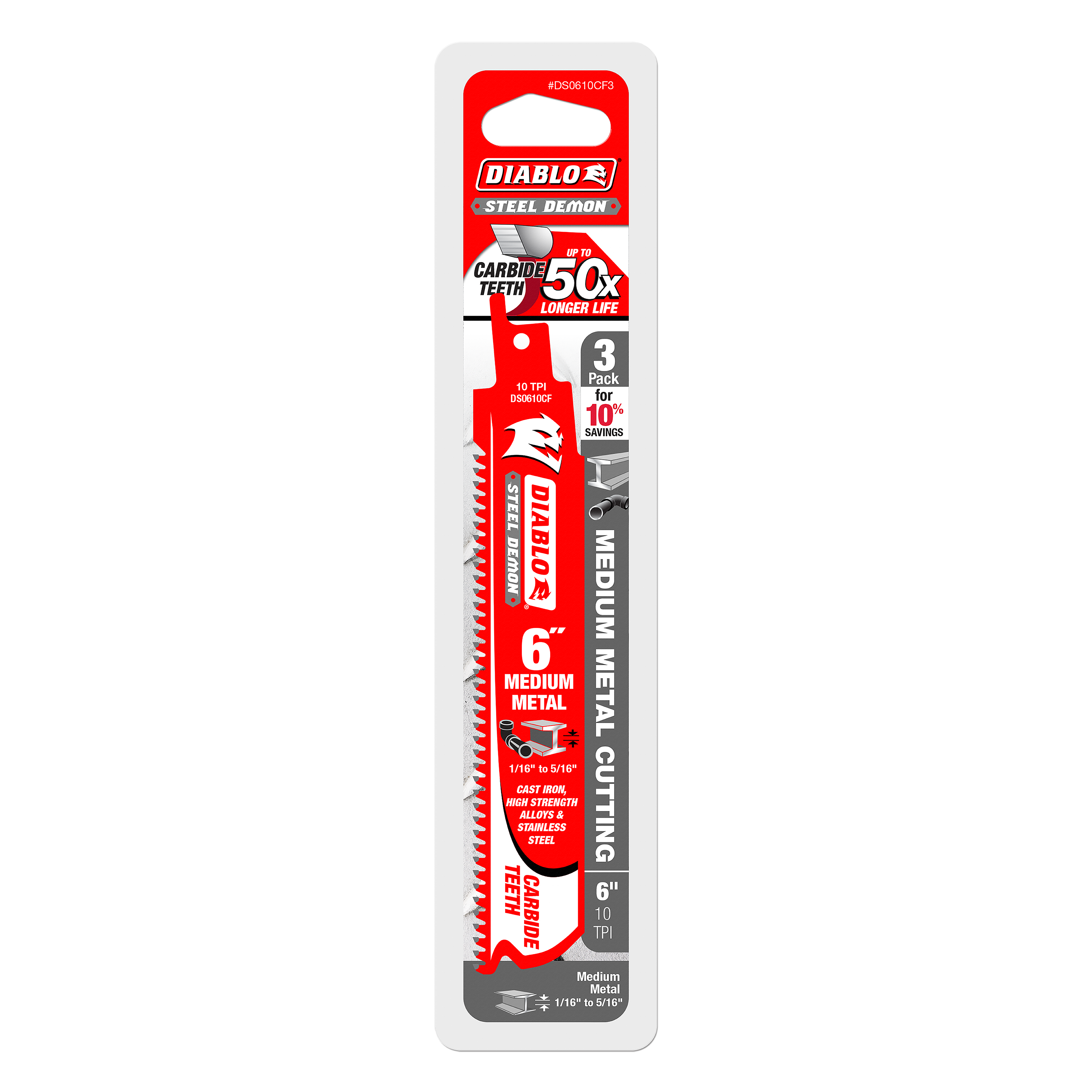 Diablo Steel Demon 6-inch carbide reciprocating saw blade with serrated teeth on red packaging labeled for medium metal cutti