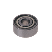 Metallic ball bearing with concentric rings and central bore on white background.