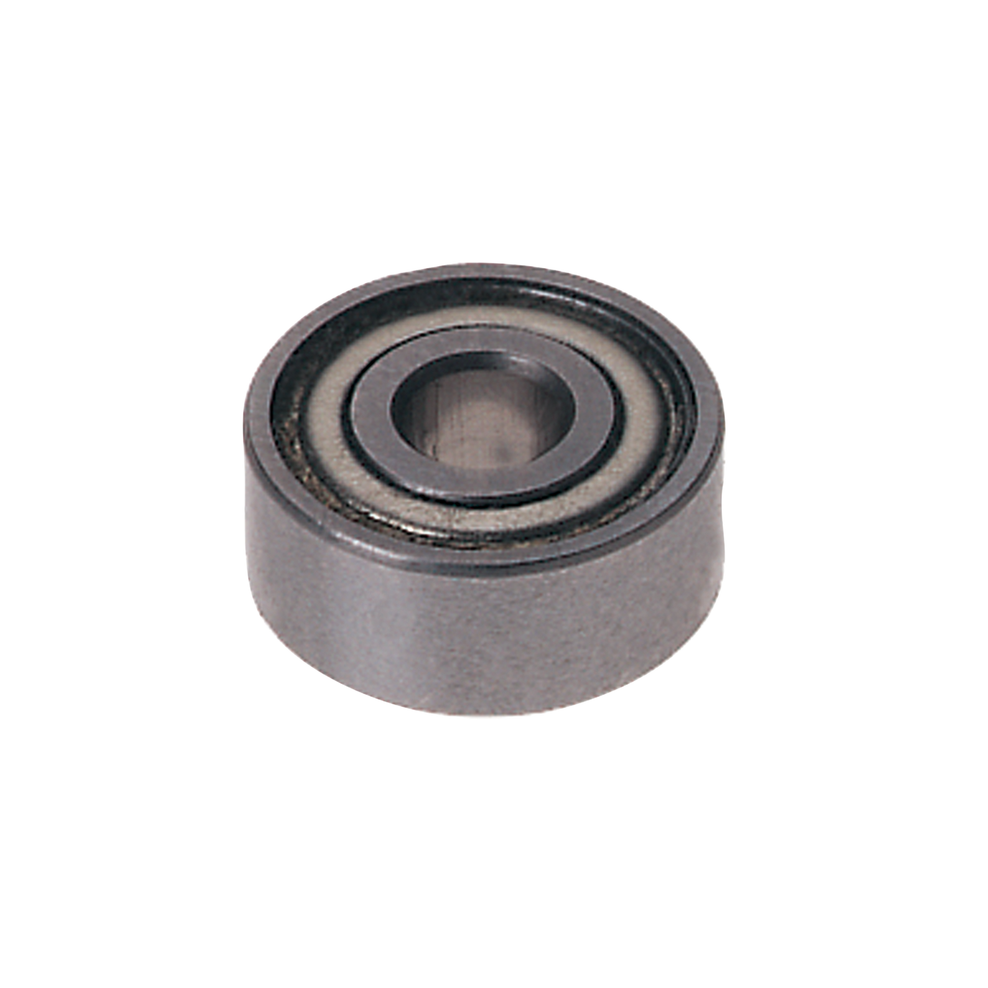 Metallic ball bearing with concentric rings and central bore on white background.