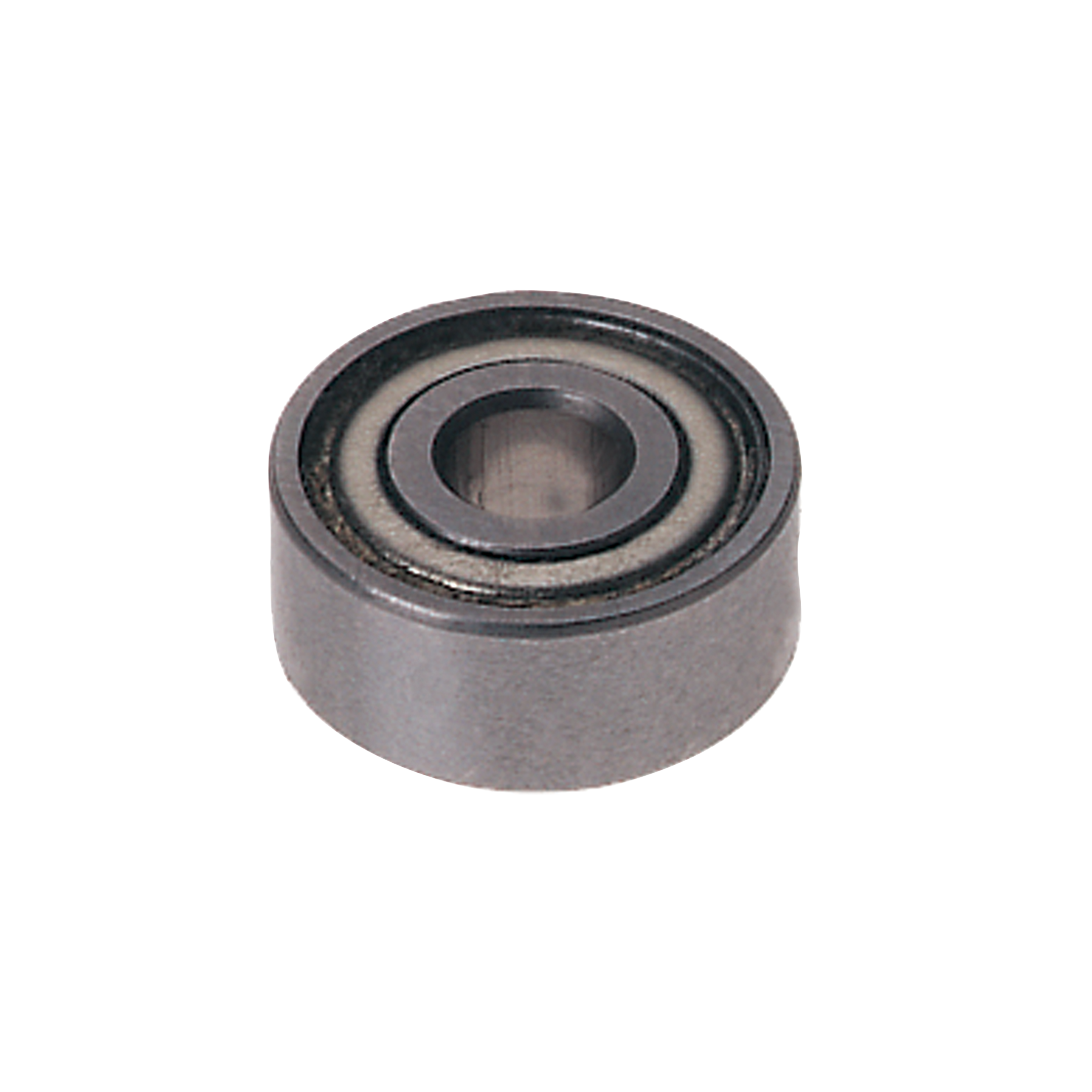 Metallic ball bearing with concentric rings and central bore on white background.