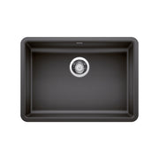 Anthracite single undermount kitchen sink with rounded corners and chrome drain strainer, viewed from above.