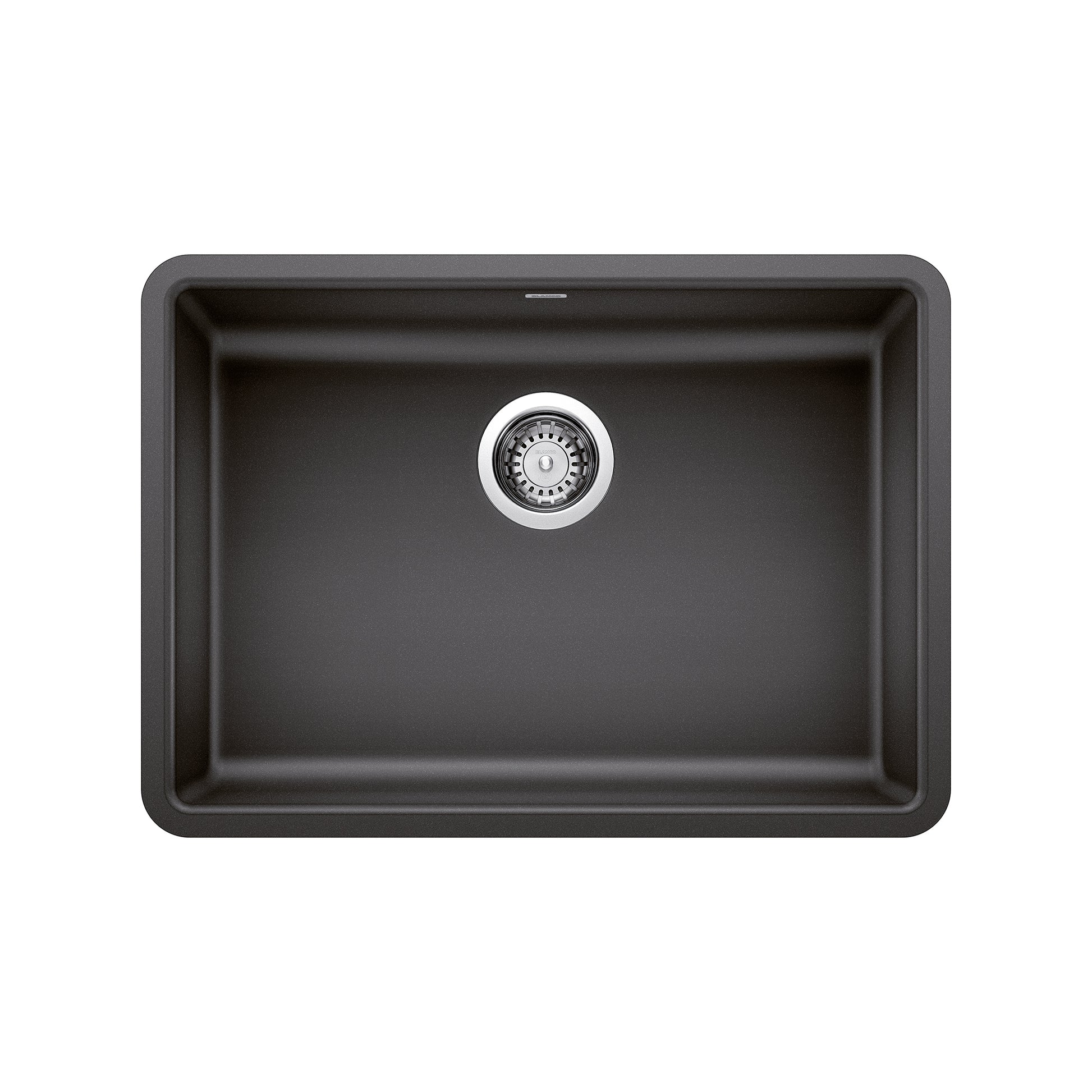 Anthracite single undermount kitchen sink with rounded corners and chrome drain strainer, viewed from above.