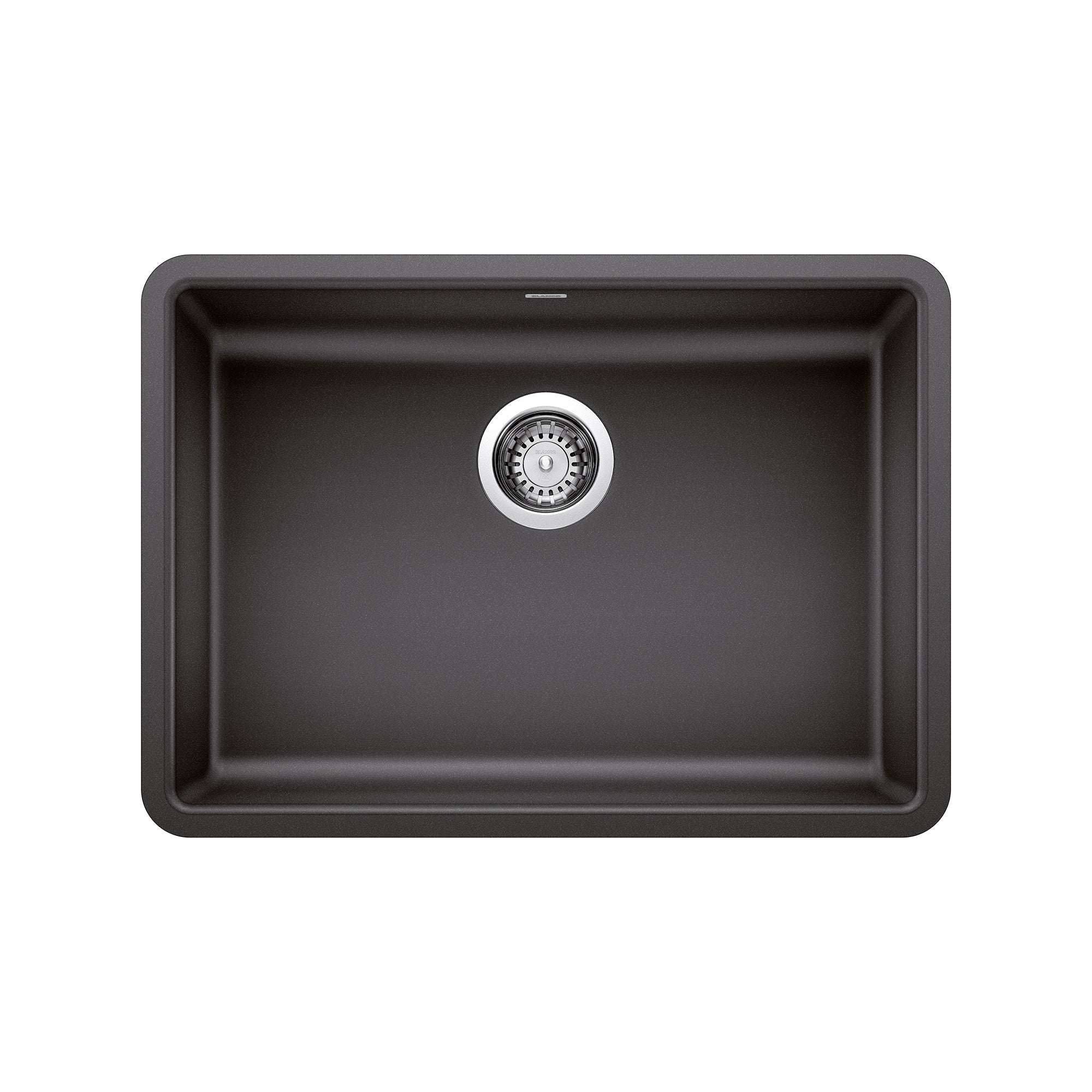 Anthracite single undermount kitchen sink with rounded corners and chrome drain strainer, viewed from above.