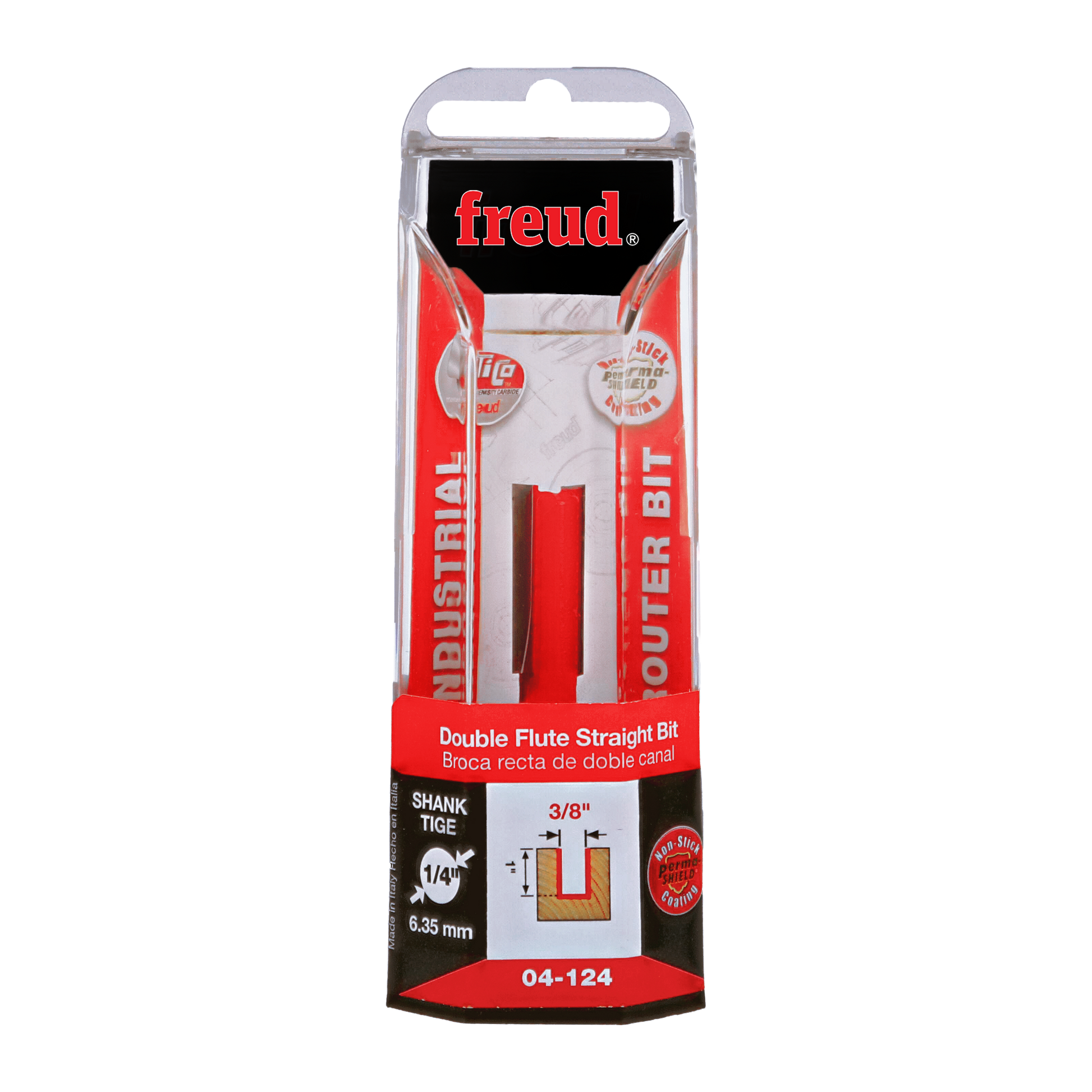 Red router bit with 3/8" diameter and double flute cutting edges in clear plastic blister packaging.